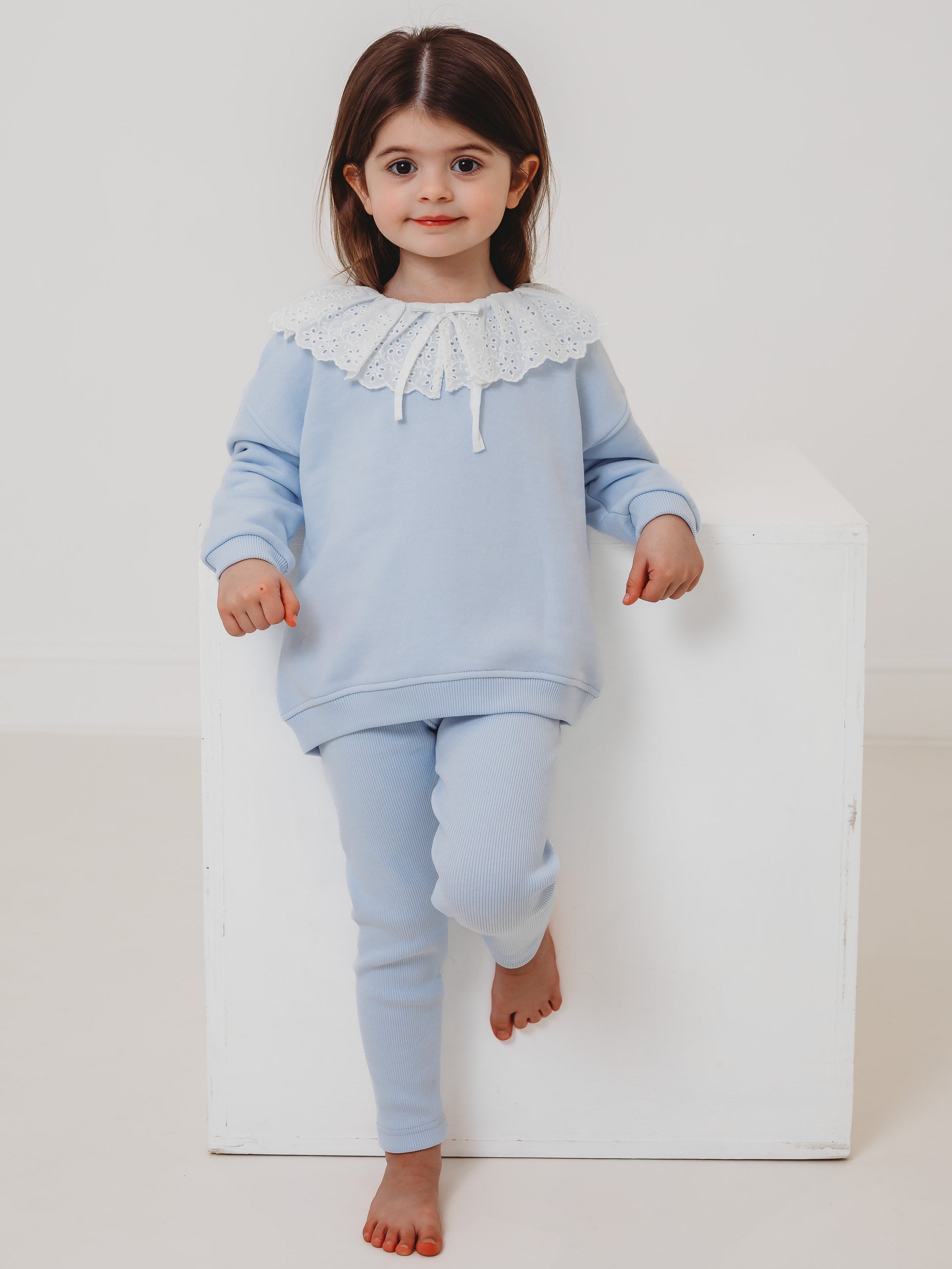 Maeve Blue broiderie anglais frill collar top & ribbed legging set - Rose & Albert