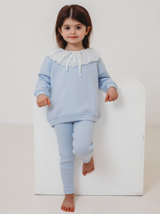 Maeve Blue broiderie anglais frill collar top & ribbed legging set - Rose & Albert