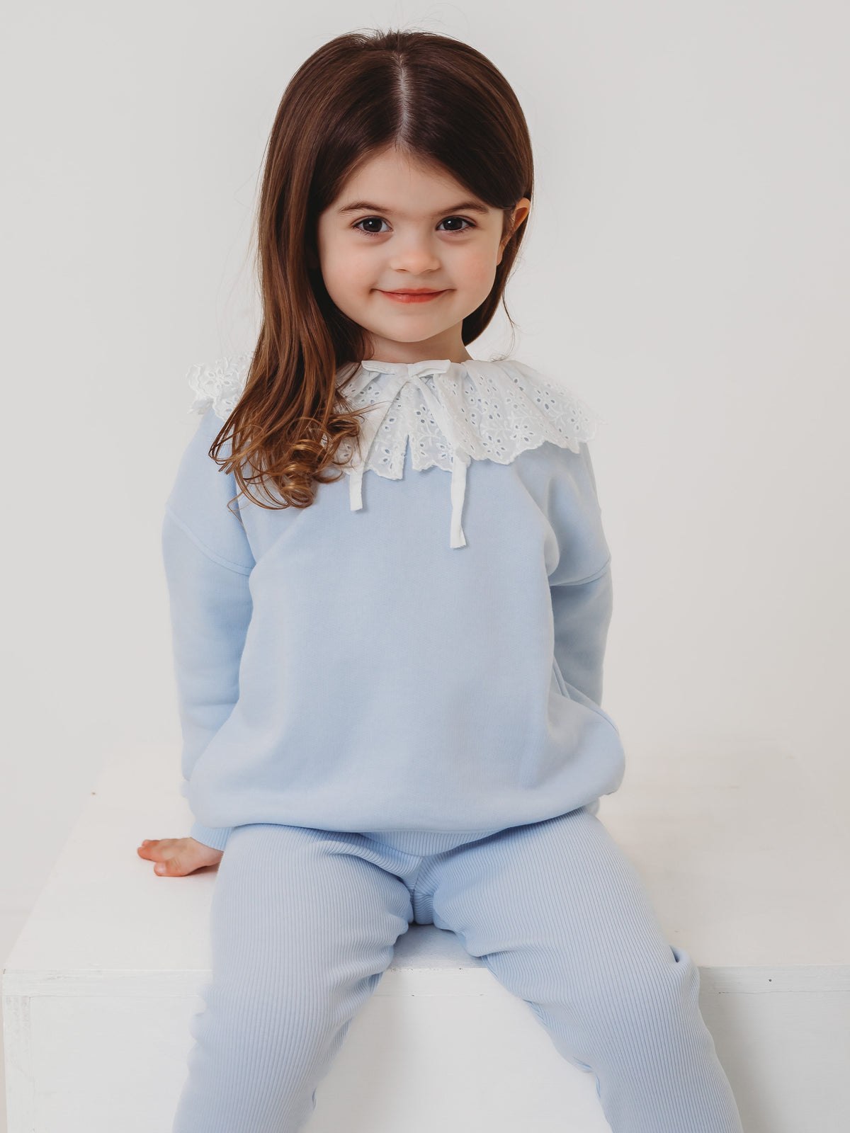 Maeve Blue broiderie anglais frill collar top & ribbed legging set - Rose & Albert