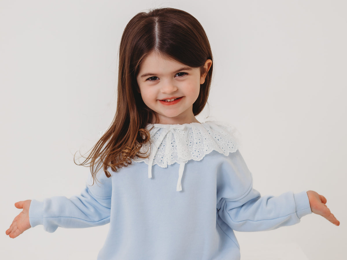 Maeve Blue broiderie anglais frill collar top & ribbed legging set - Rose & Albert