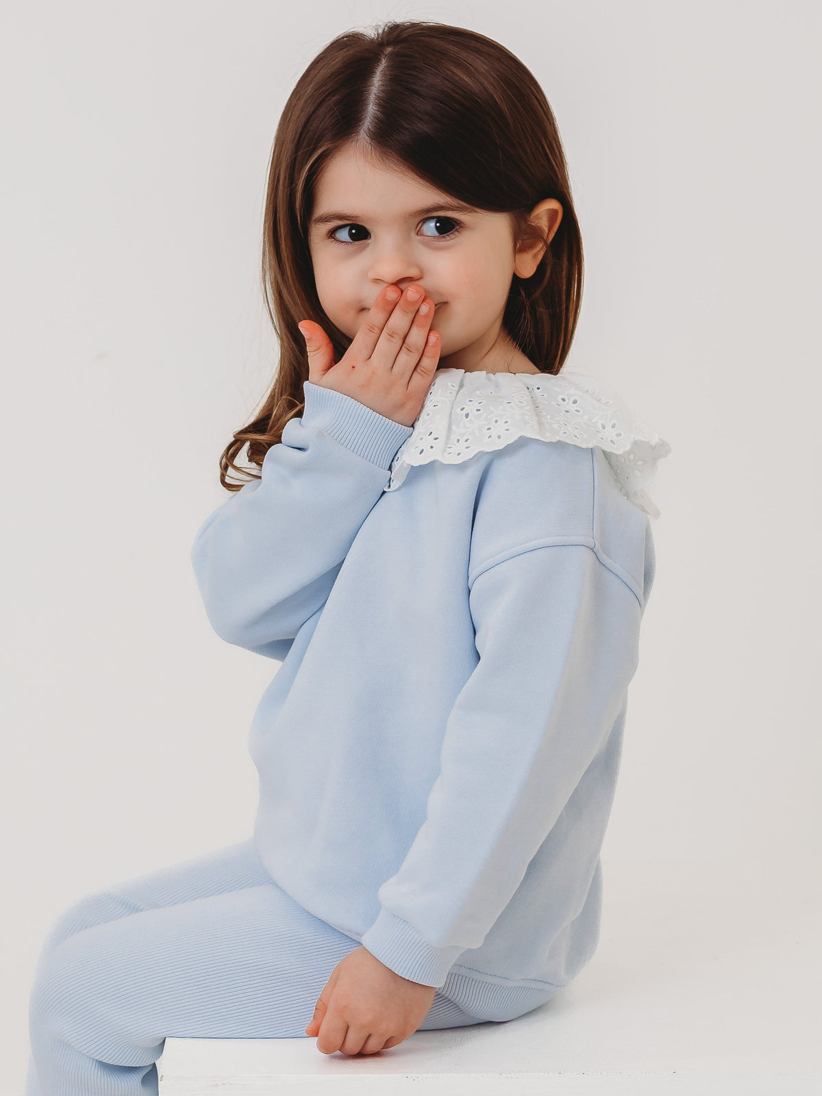 Maeve Blue broiderie anglais frill collar top & ribbed legging set - Rose & Albert