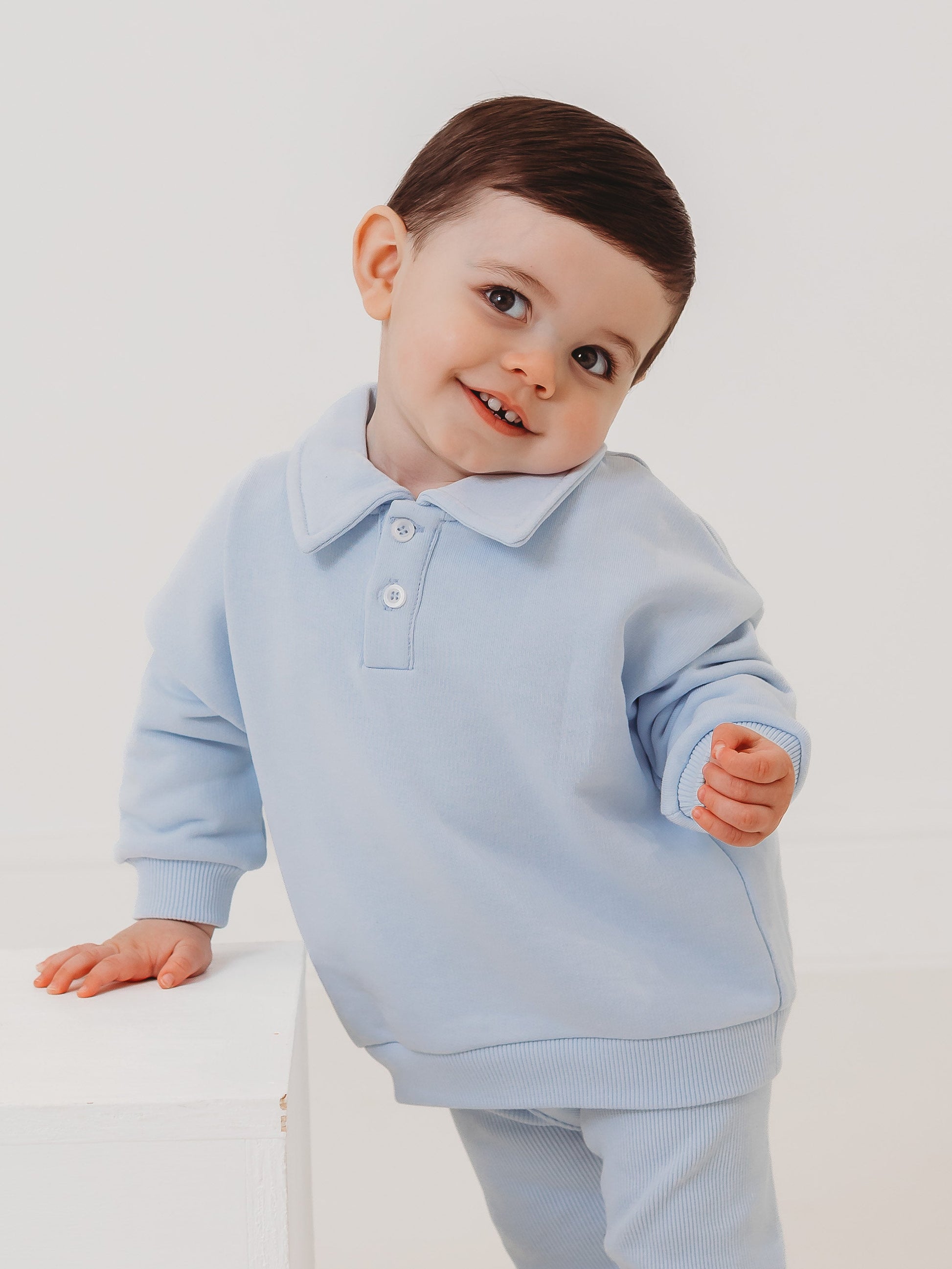 Ralphie blue polo collar top & ribbed legging set - Rose & Albert