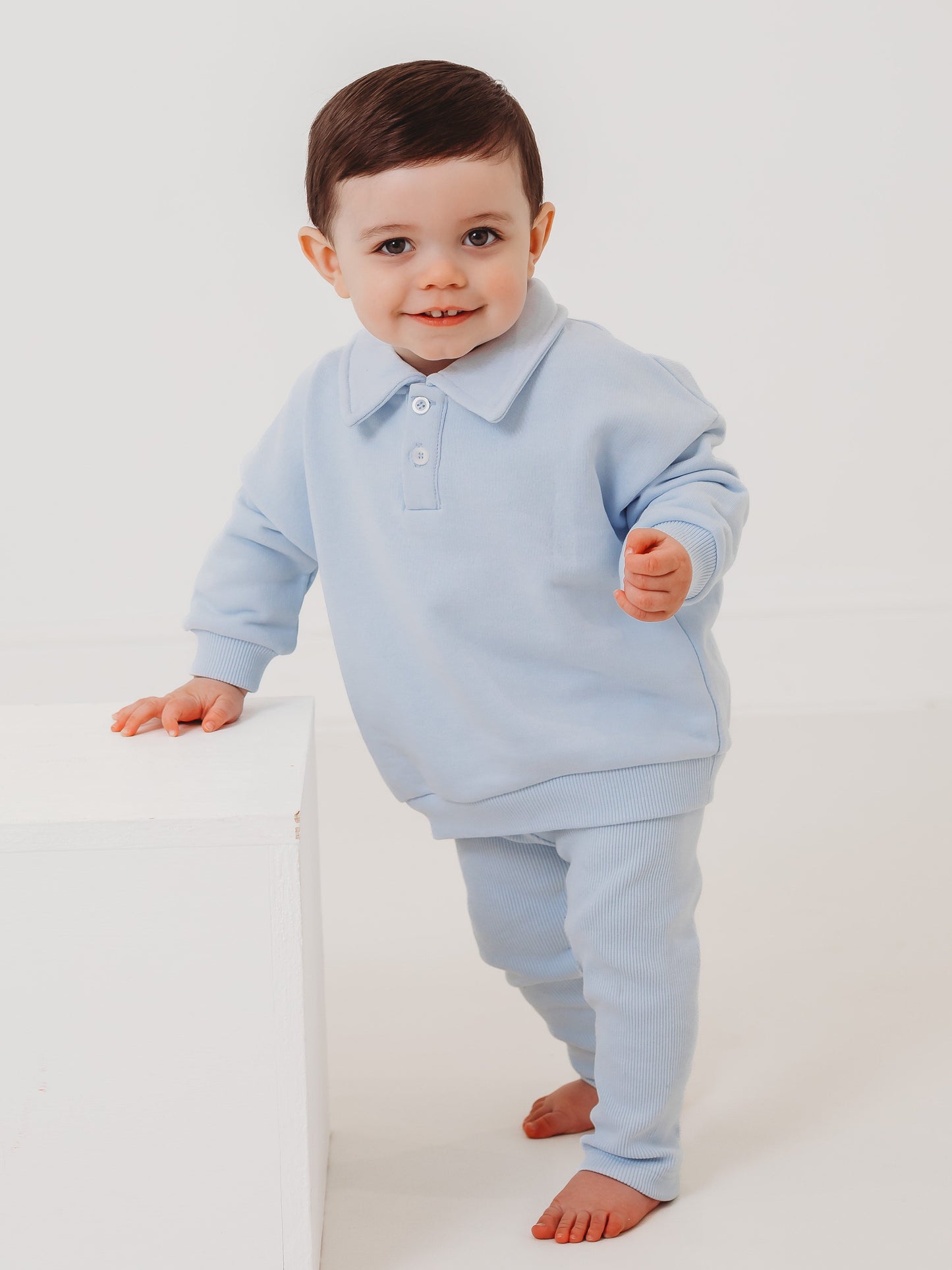 Ralphie blue polo collar top & ribbed legging set - Rose & Albert