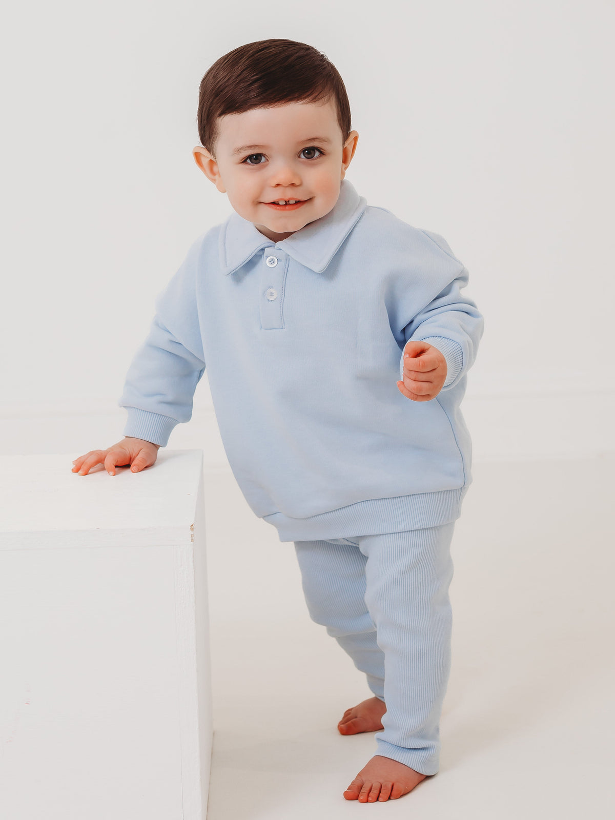 Ralphie blue polo collar top & ribbed legging set - Rose & Albert