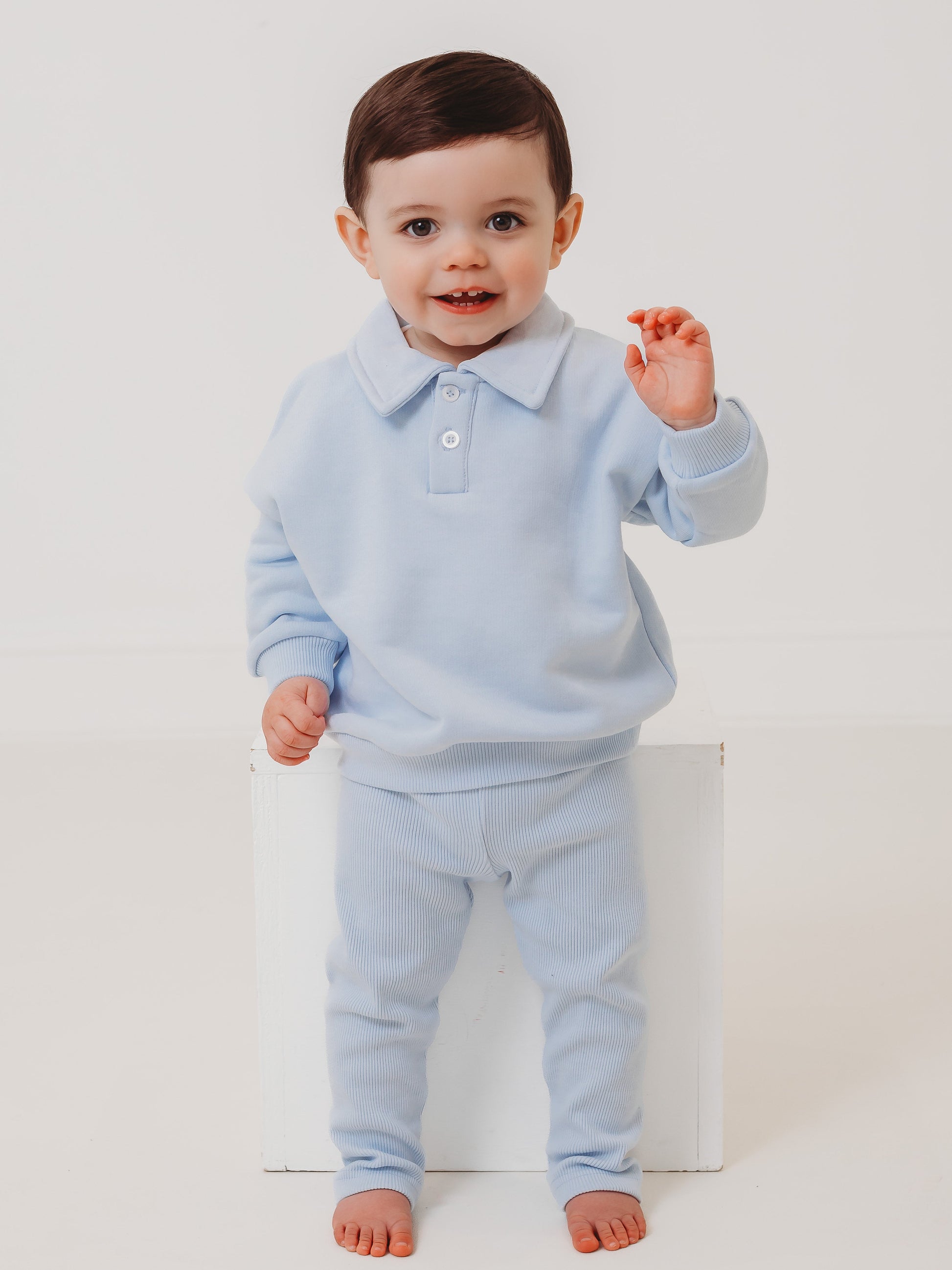 Ralphie blue polo collar top & ribbed legging set - Rose & Albert