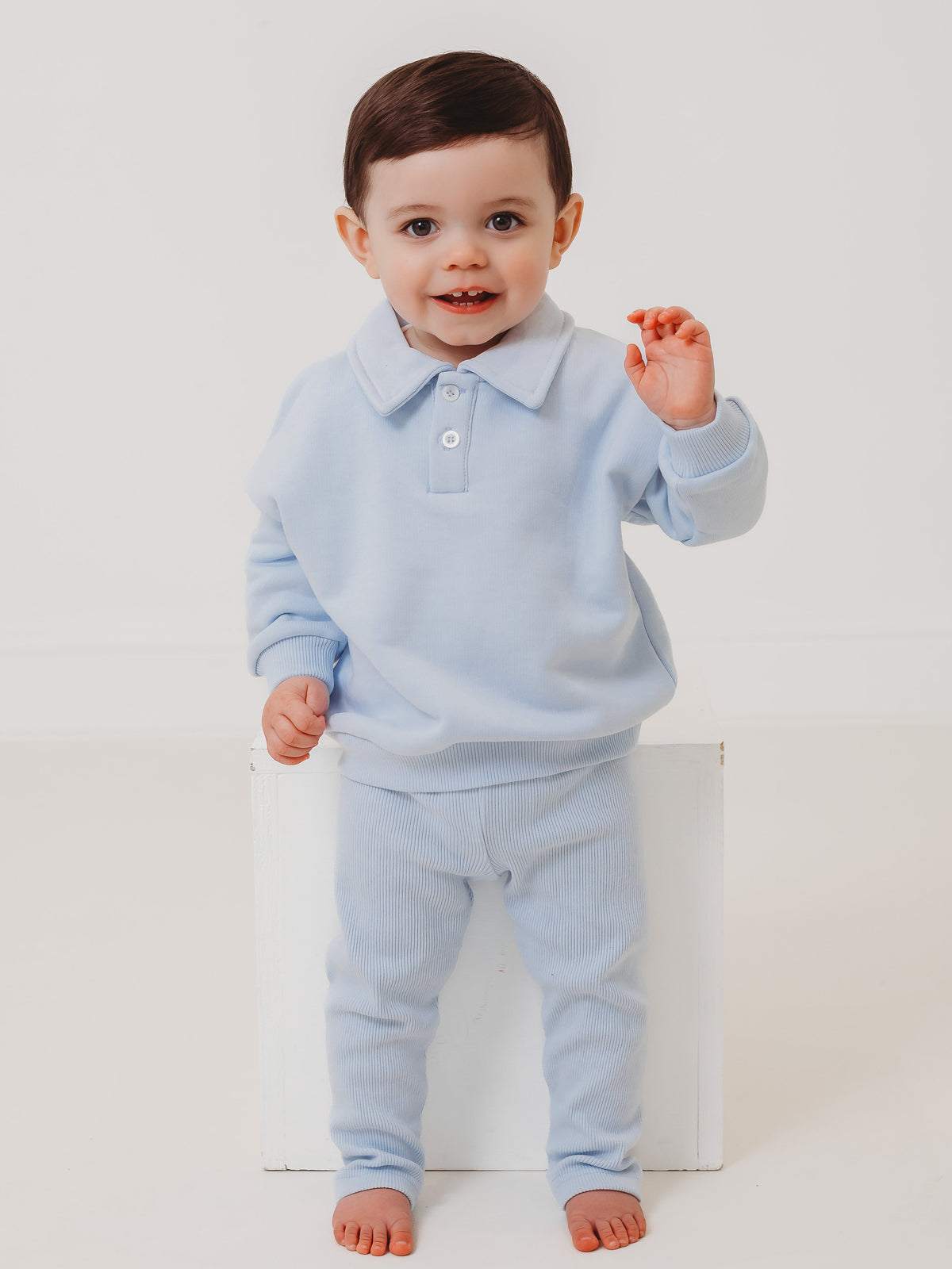 Ralphie blue polo collar top & ribbed legging set - Rose & Albert