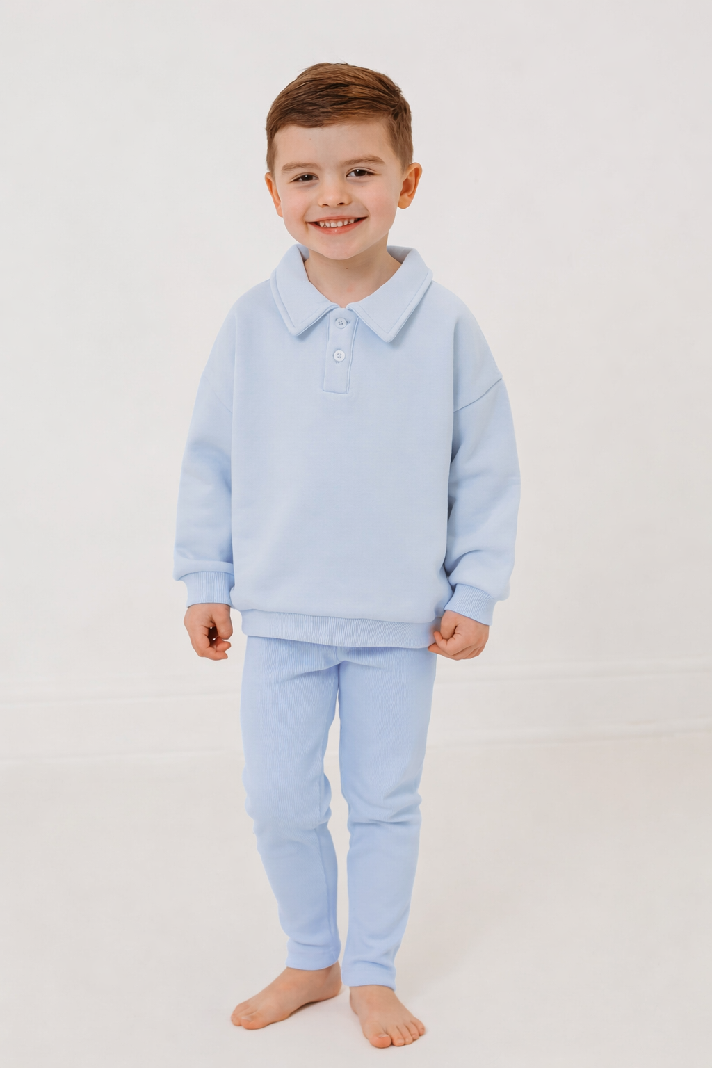 Ralphie blue polo collar top & ribbed legging set - Rose & Albert