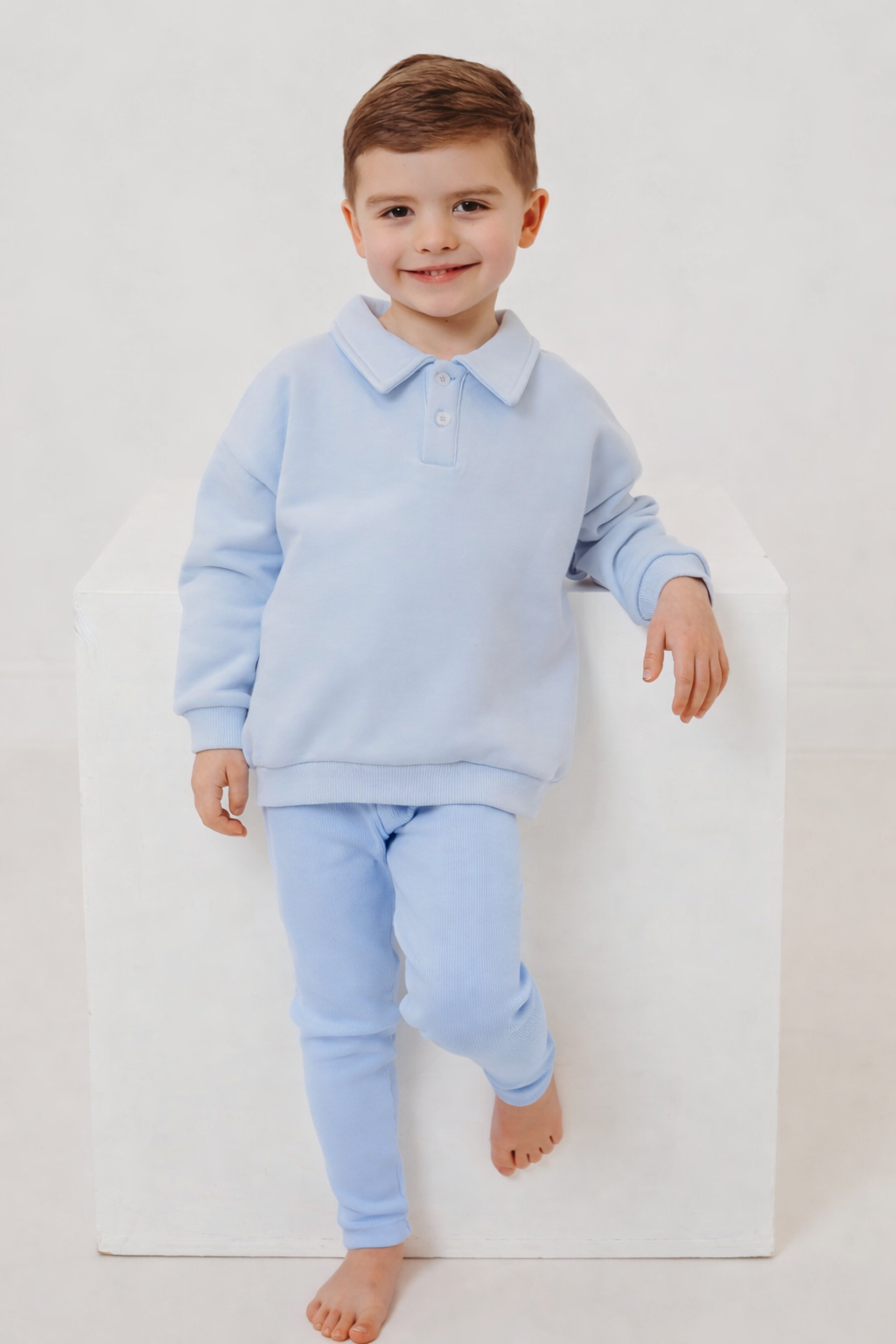 Ralphie blue polo collar top & ribbed legging set - Rose & Albert