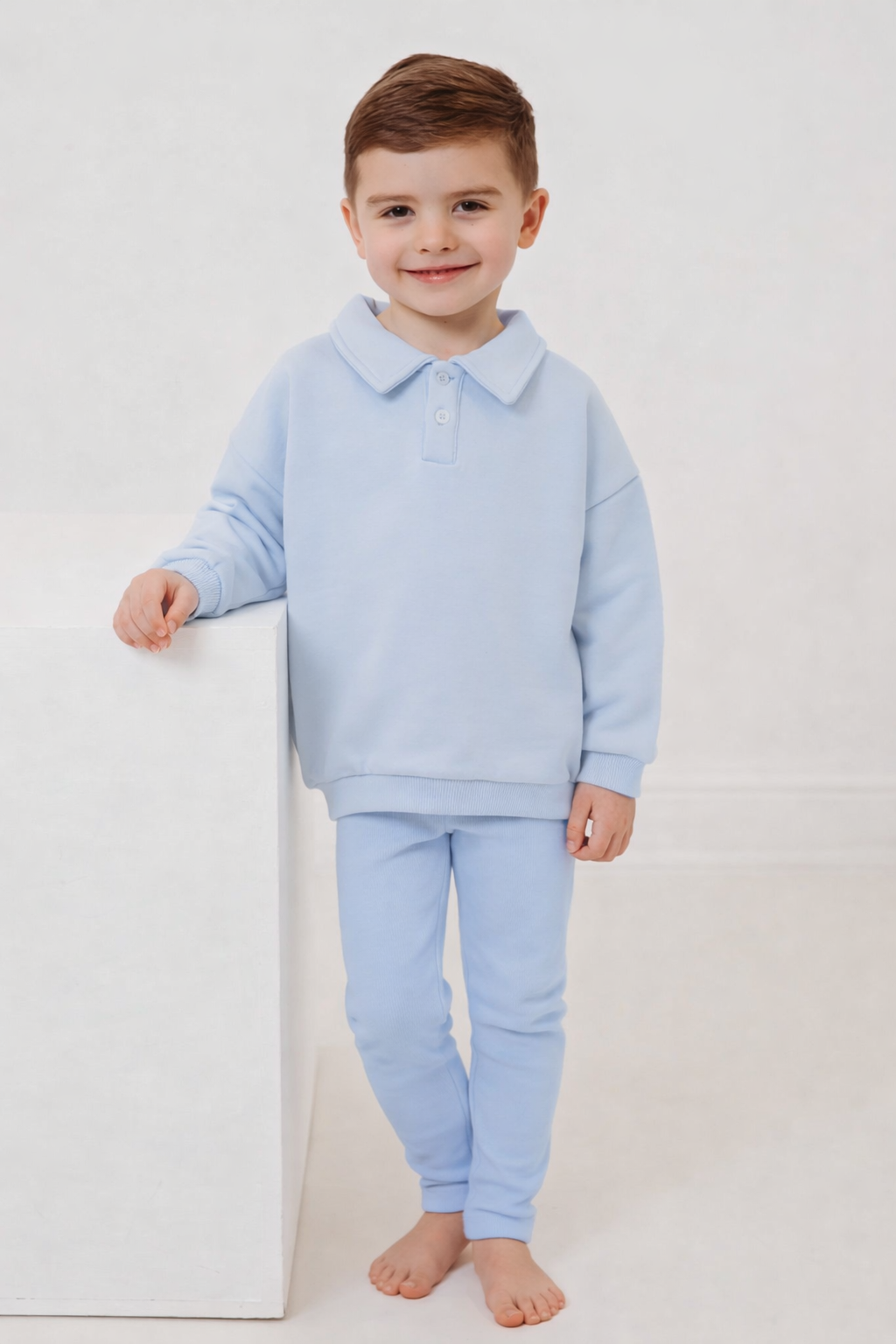 Ralphie blue polo collar top & ribbed legging set - Rose & Albert