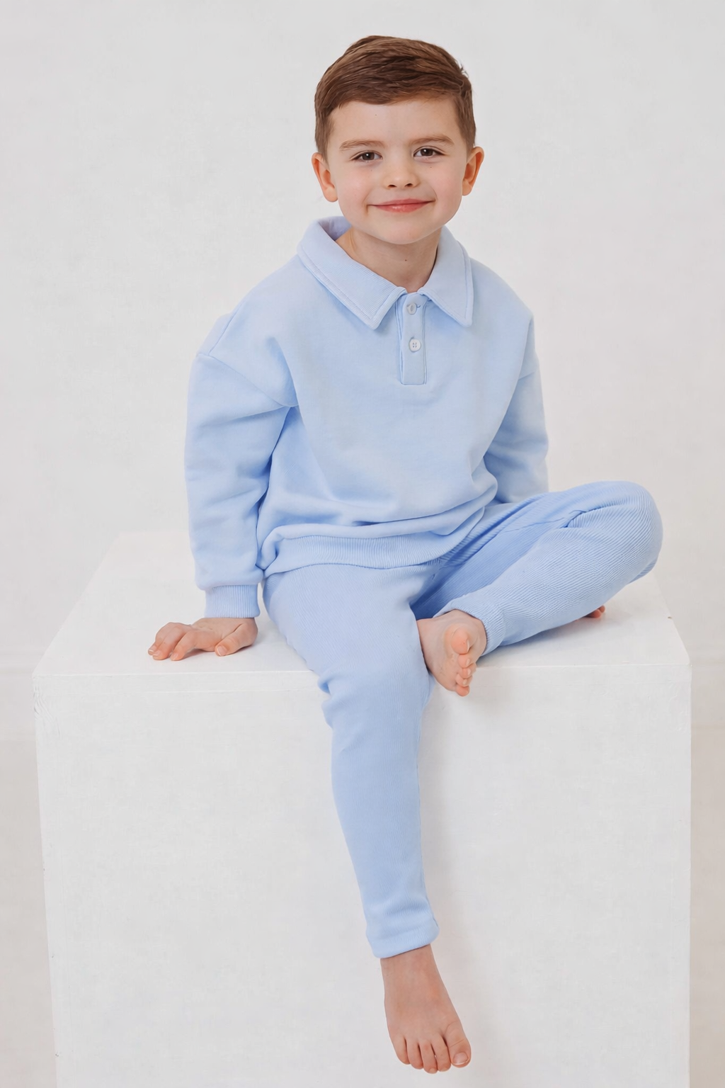 Ralphie blue polo collar top & ribbed legging set - Rose & Albert
