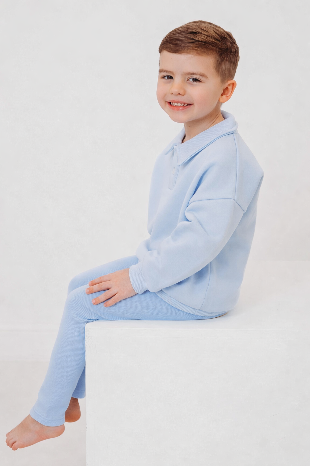 Ralphie blue polo collar top & ribbed legging set - Rose & Albert