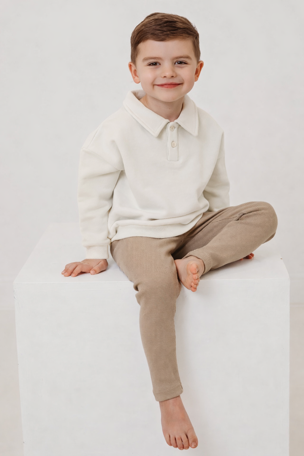Ralphie Beige polo collar top & ribbed legging set - Rose & Albert