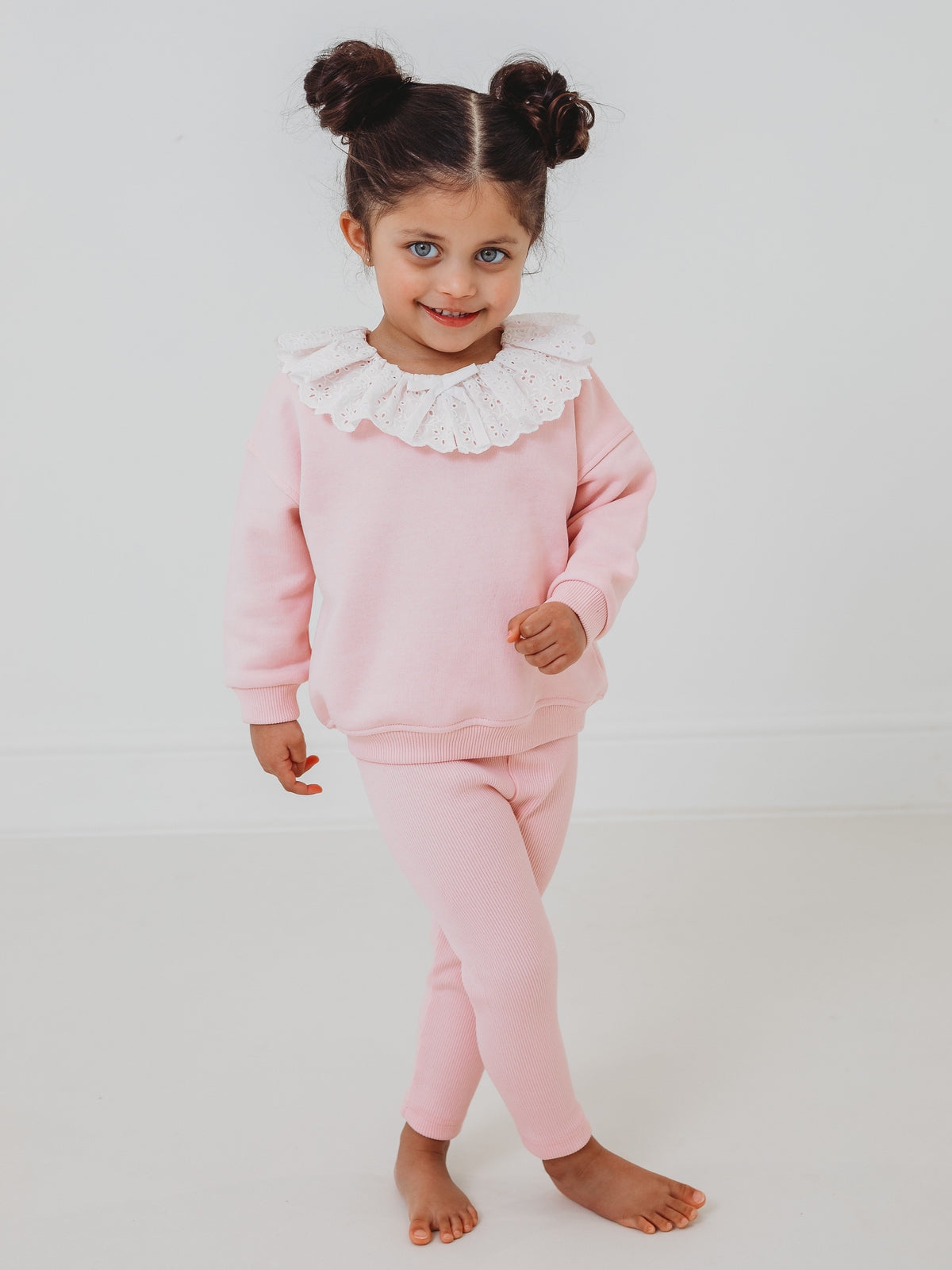 Maeve Pink broiderie anglais frill collar top & ribbed legging set - Rose & Albert