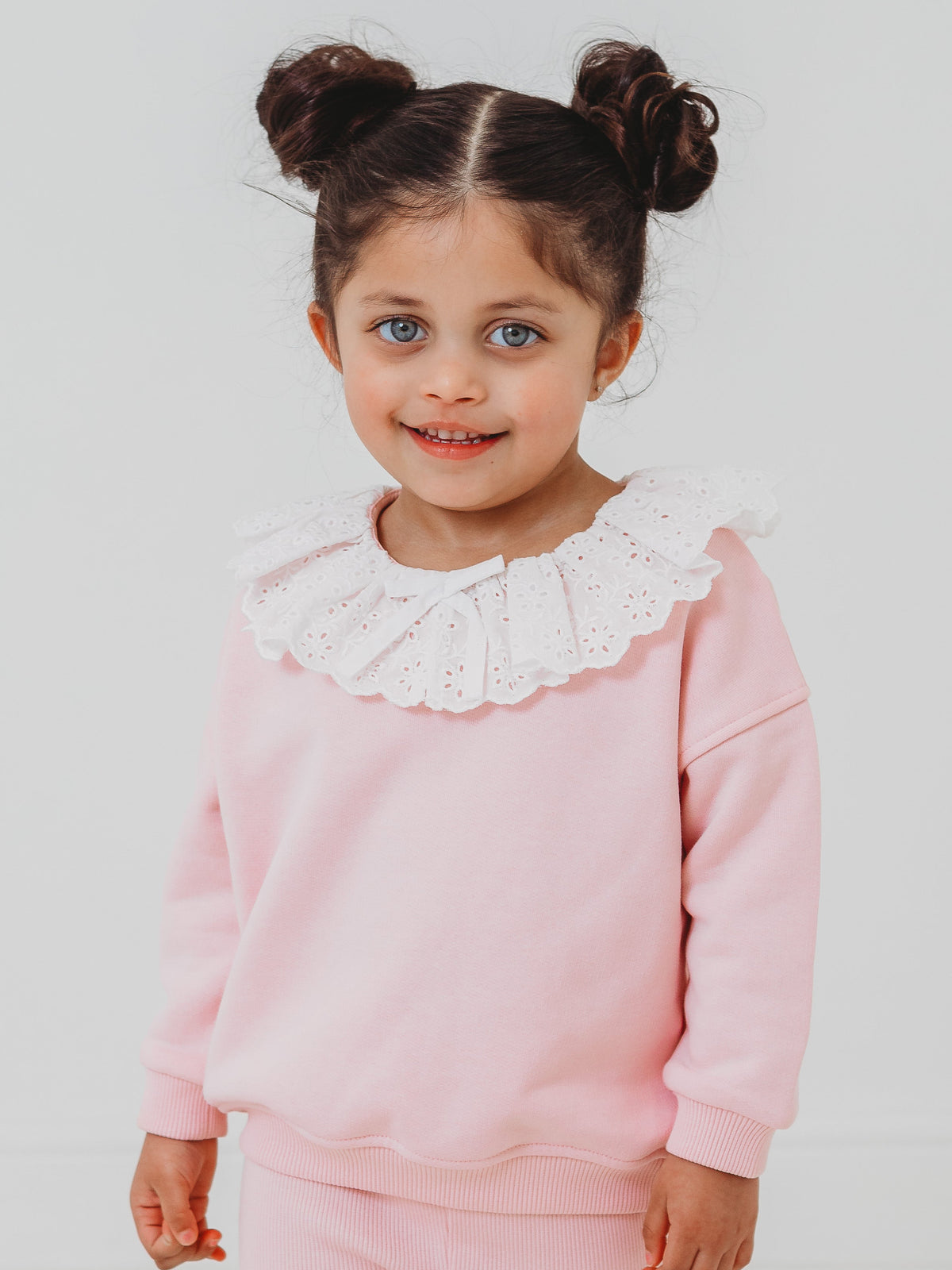 Maeve Pink broiderie anglais frill collar top & ribbed legging set - Rose & Albert