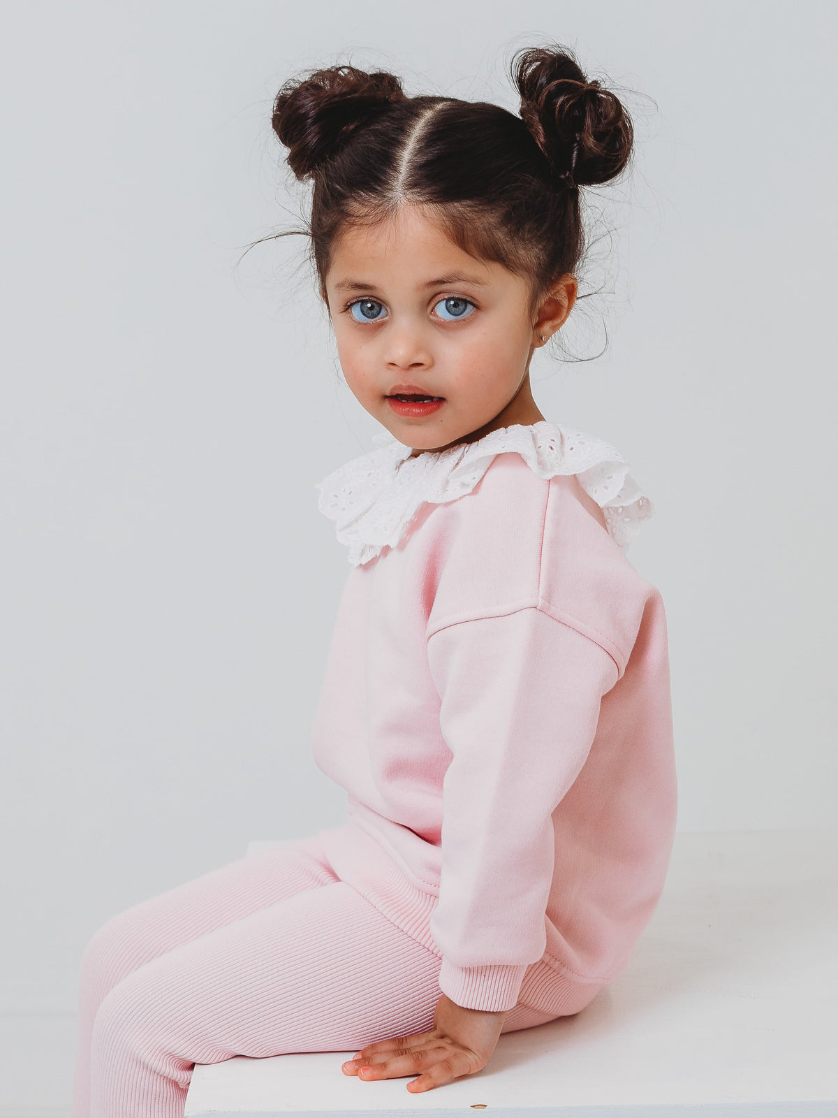 Maeve Pink broiderie anglais frill collar top & ribbed legging set - Rose & Albert
