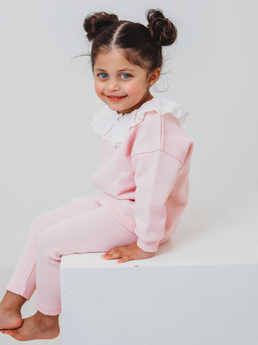 Maeve Pink broiderie anglais frill collar top & ribbed legging set - Rose & Albert