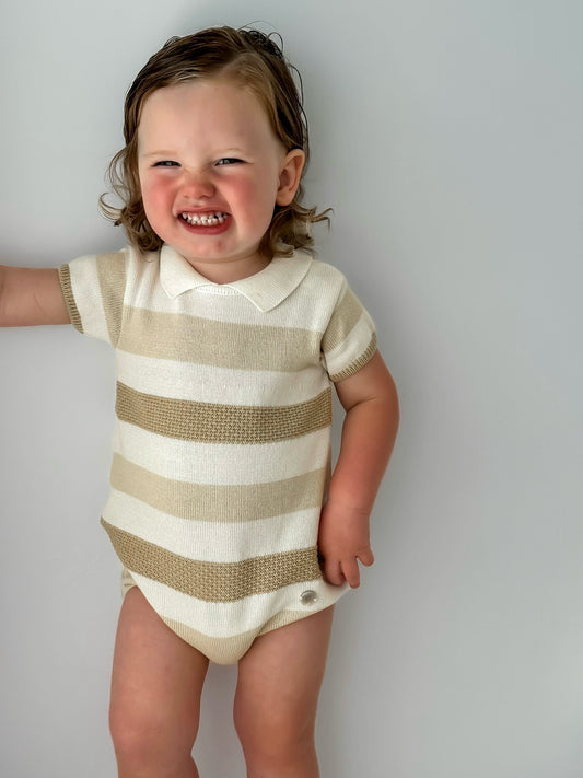 'Miles' beige stripe knitted romper with polo collar - Rose & Albert