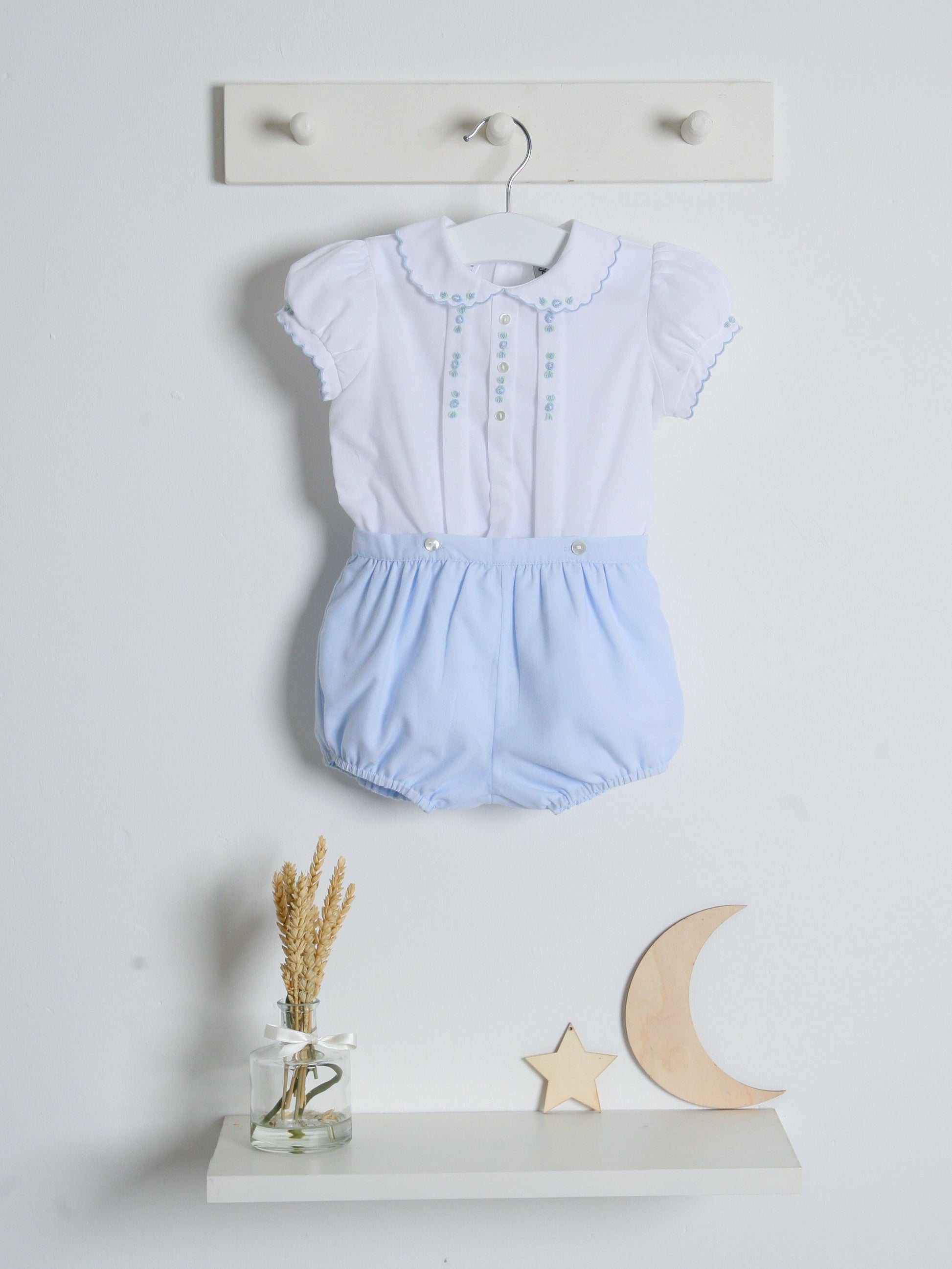 Sarah Louise Blue Rosebud Embroidered Bloomer & Blouse Set - Rose & Albert