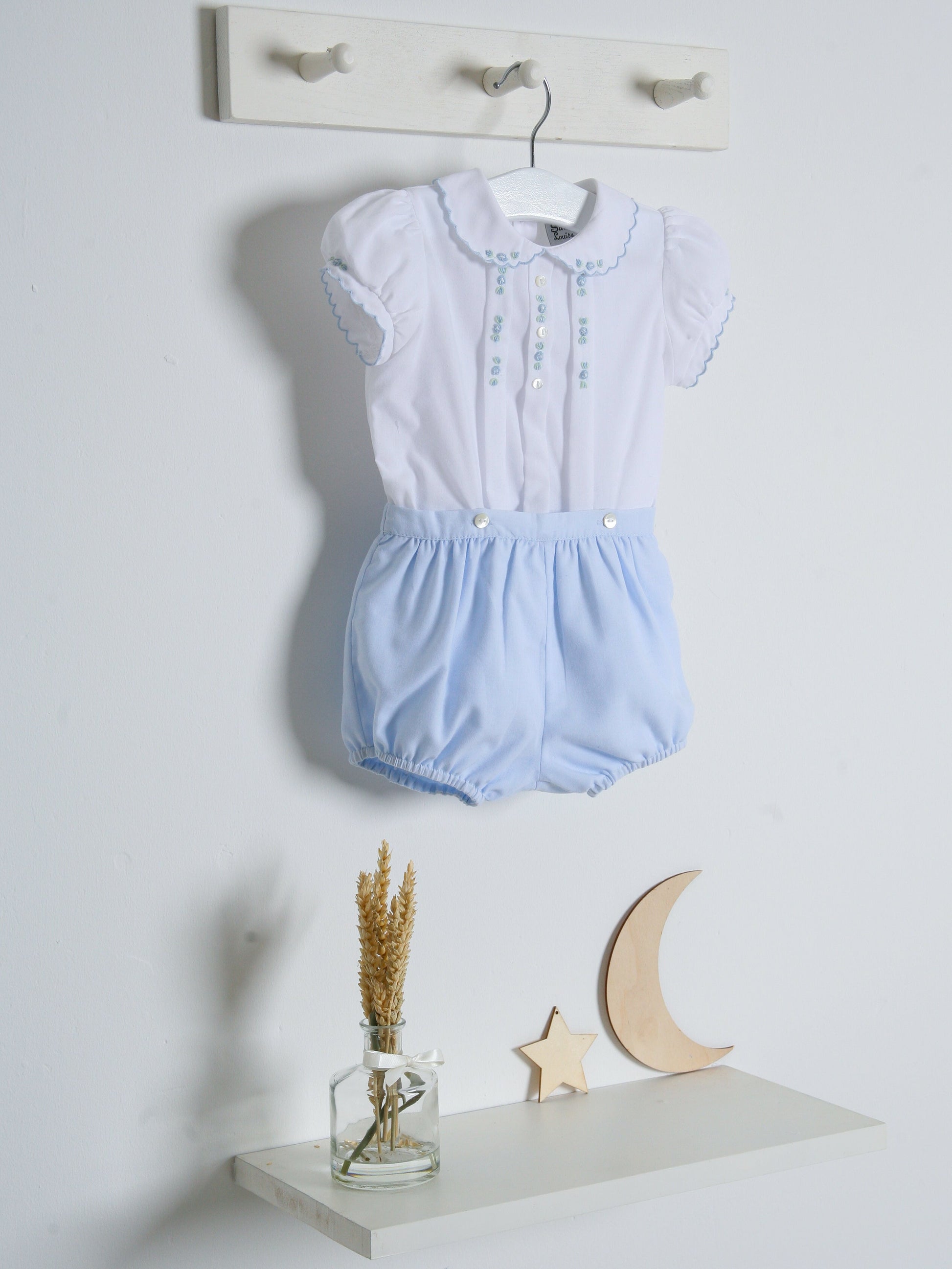 Sarah Louise Blue Rosebud Embroidered Bloomer & Blouse Set - Rose & Albert
