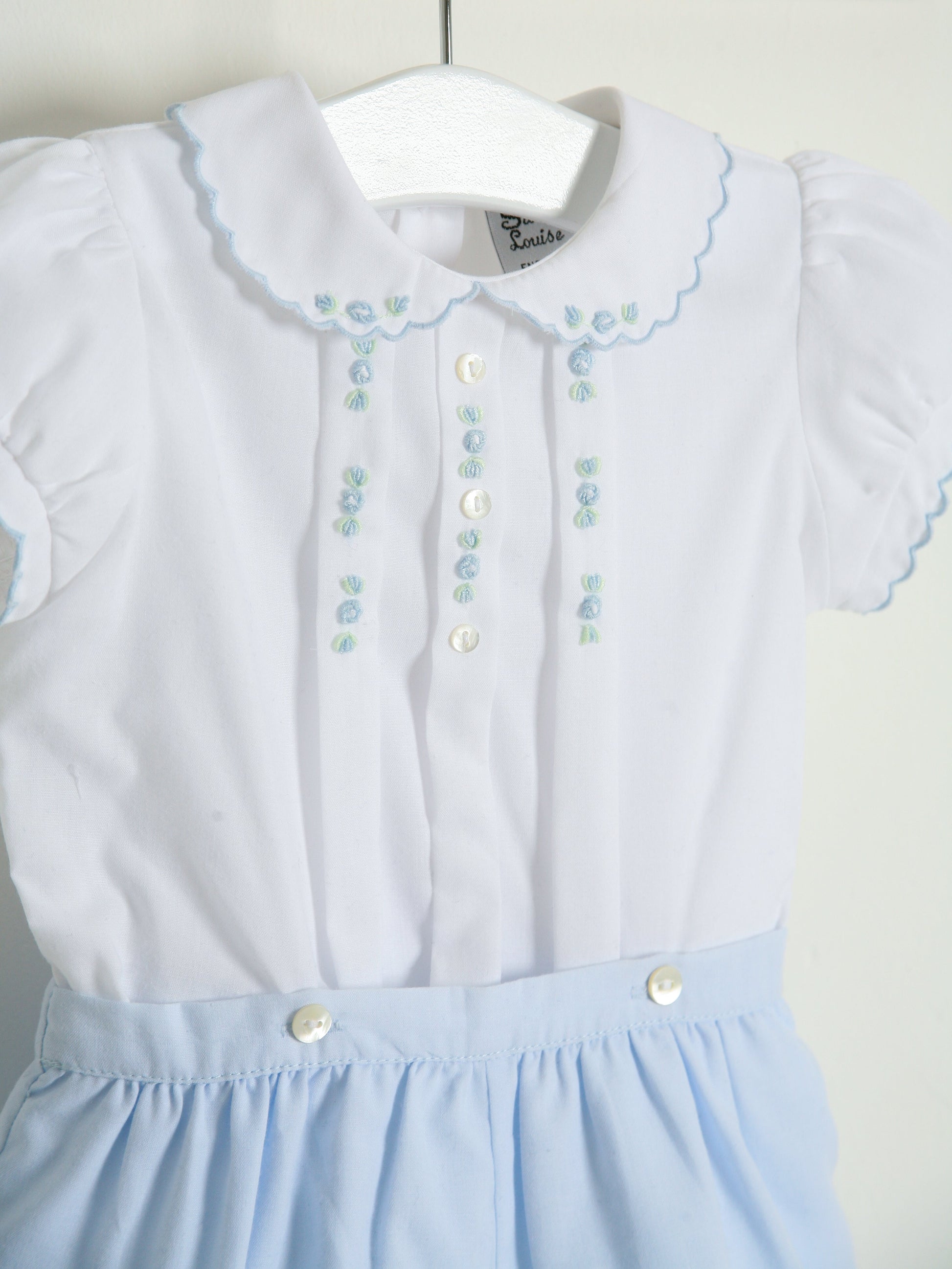 Sarah Louise Blue Rosebud Embroidered Bloomer & Blouse Set - Rose & Albert