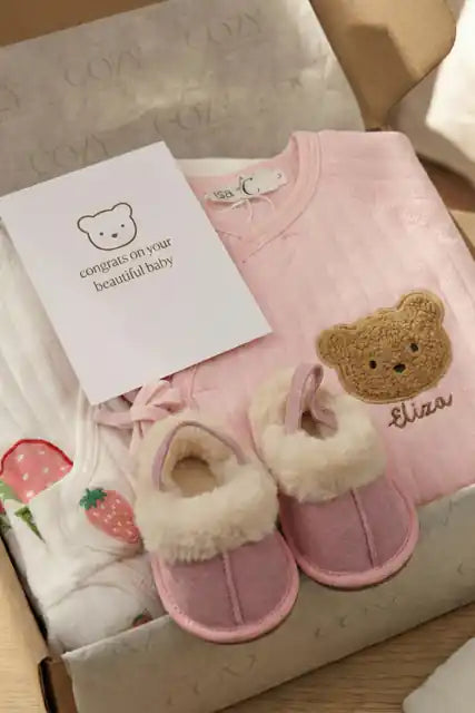 The Cozy Pink Boucle Baby Bear & Strawberry Personalised Gift Box - Cozy Crew Club