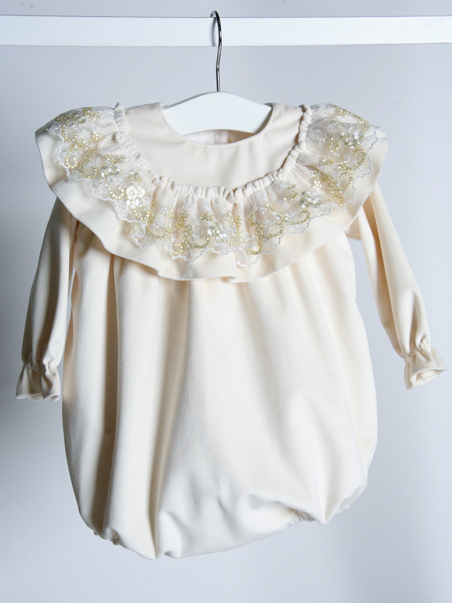 'Eve' Ivory velvet & gold lace romper - Rose & Albert