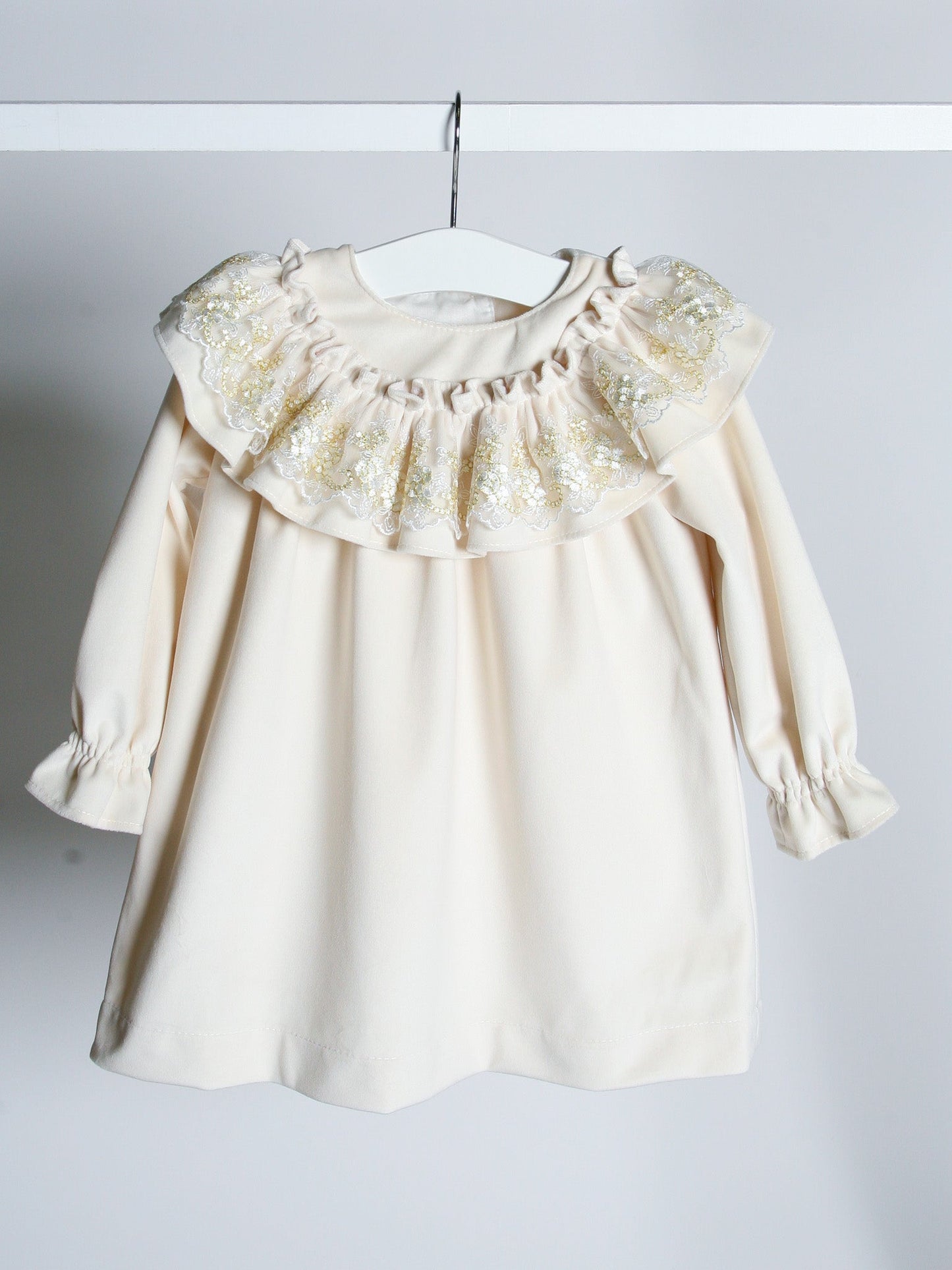 'Eve' Ivory velvet & gold lace dress - Rose & Albert