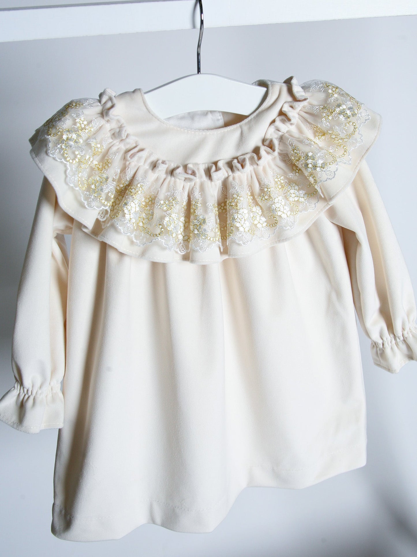 'Eve' Ivory velvet & gold lace dress - Rose & Albert