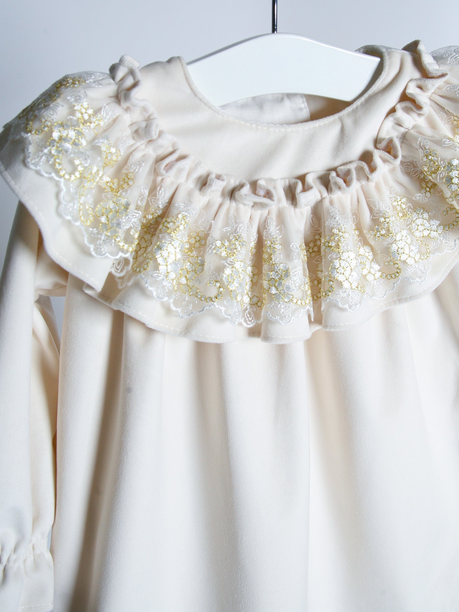 'Eve' Ivory velvet & gold lace dress - Rose & Albert