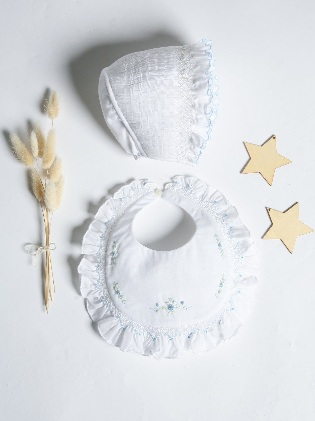 Sarah Louise Rosebud white & blue rosebud smocked bonnet - Rose & Albert