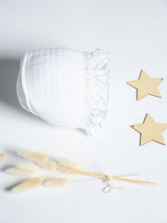 Sarah Louise Rosebud white & blue rosebud smocked bonnet - Rose & Albert
