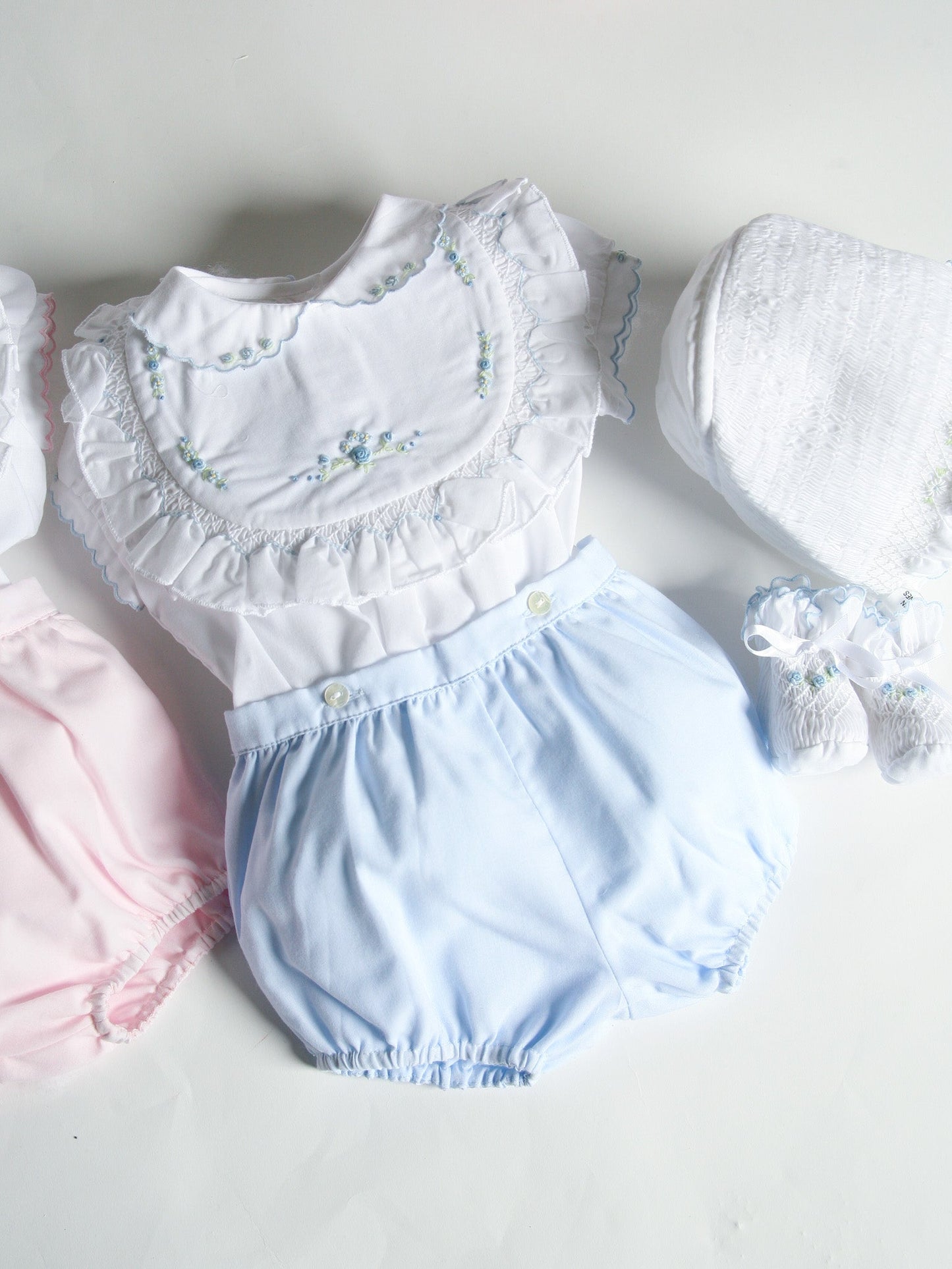 Sarah Louise Blue Rosebud Embroidered Bloomer & Blouse Set - Rose & Albert