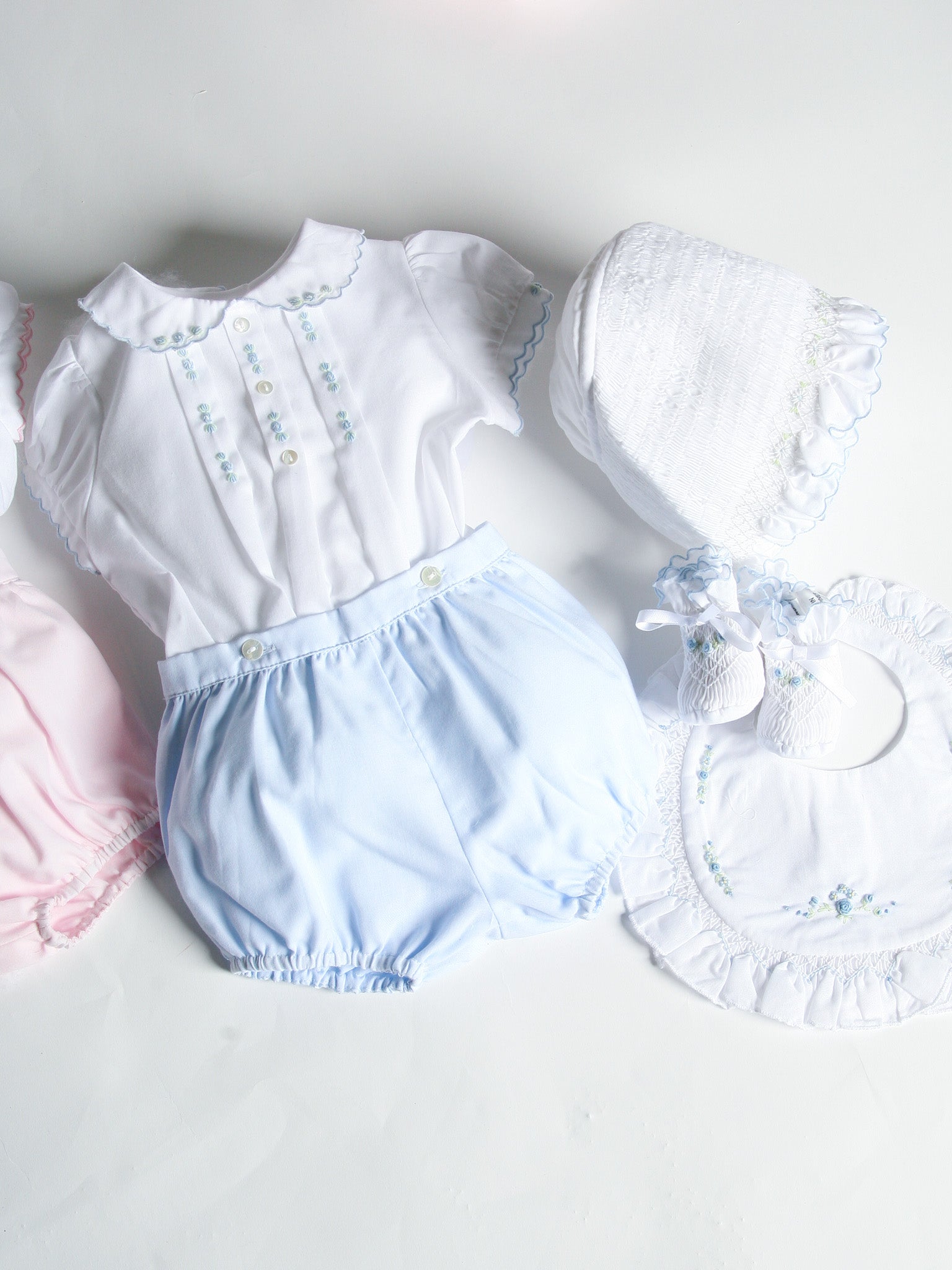 Sarah Louise Blue Rosebud Embroidered Bloomer & Blouse Set - Rose & Albert