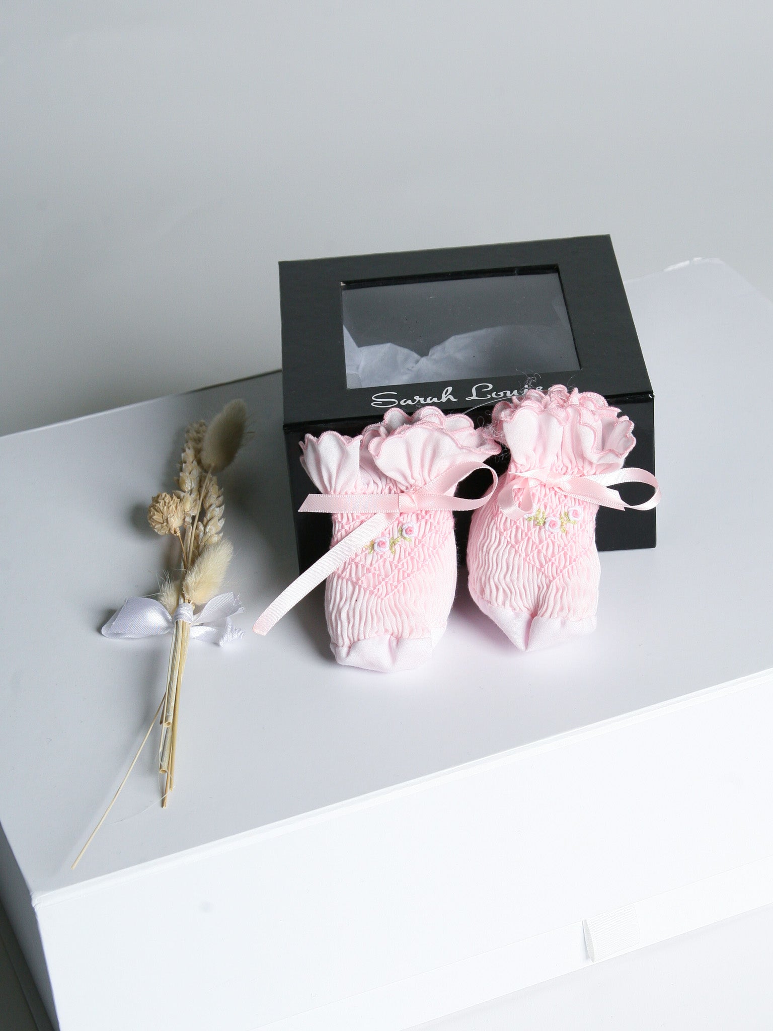 Sarah Louise Rosebud Pink Smocked Booties - Rose & Albert