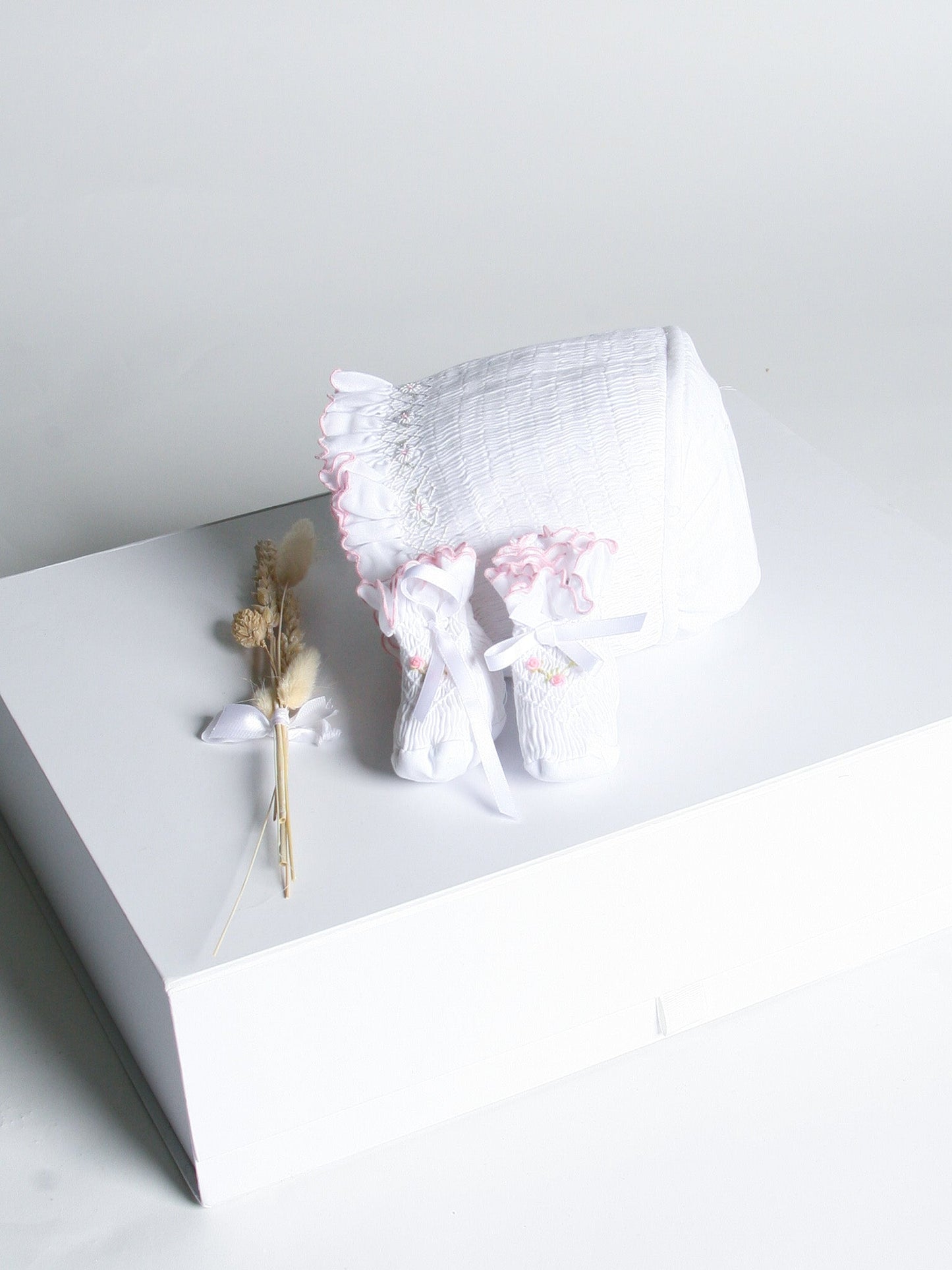 Sarah Louise Rosebud White & Pink Smocked Booties - Rose & Albert