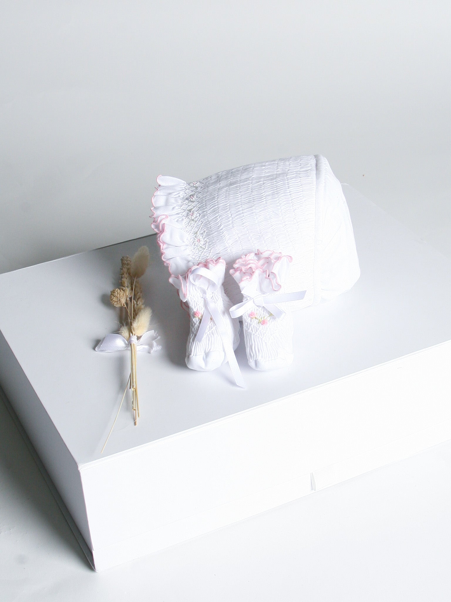 Sarah Louise Rosebud White & Pink Smocked Booties - Rose & Albert