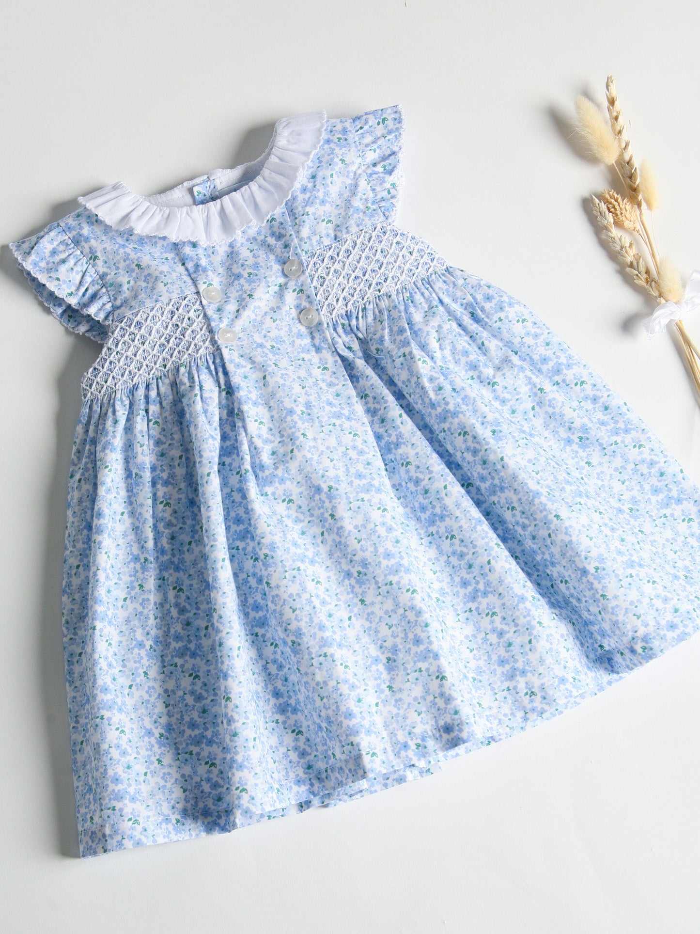Sardon Blue Ditsy Floral Print Smocked Dress - Rose & Albert