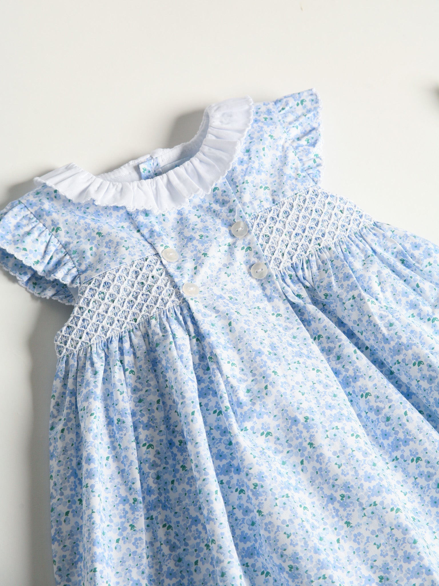 Sardon Blue Ditsy Floral Print Smocked Dress - Rose & Albert
