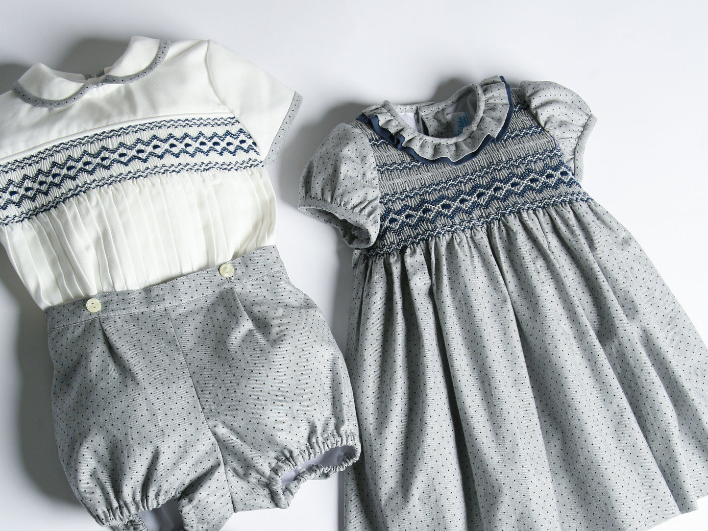 Artesanias Filita 'Tomas' Grey & Navy Smocked Short Set - Rose & Albert