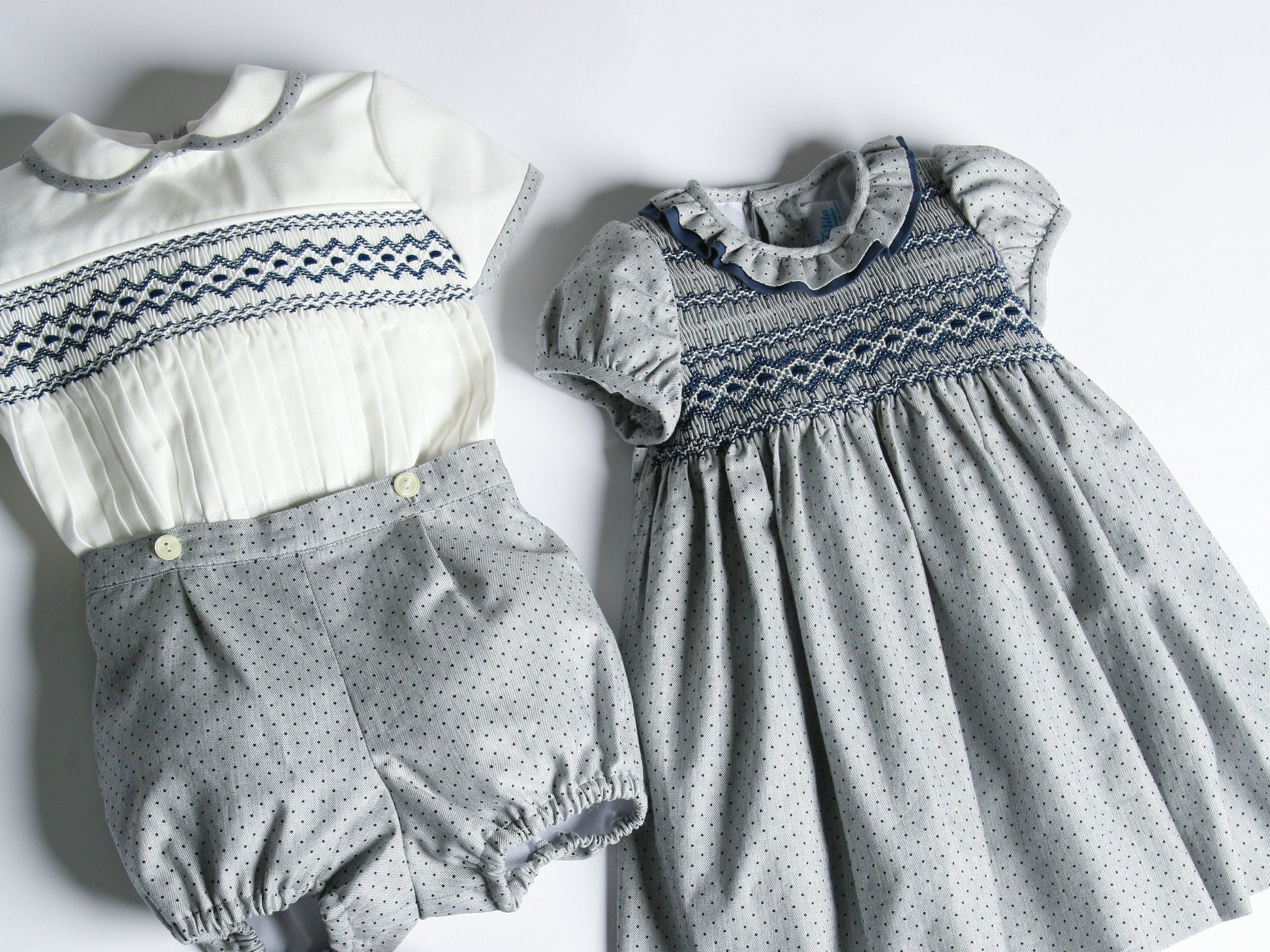 Artesanias Filita 'Tomas' Grey & Navy Smocked Short Set - Rose & Albert