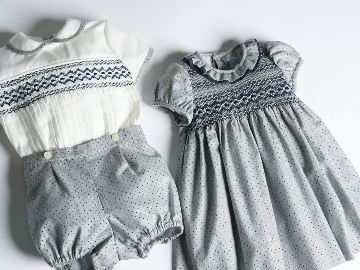 Artesanias Filita 'Tomas' Grey & Navy Smocked Short Set - Rose & Albert
