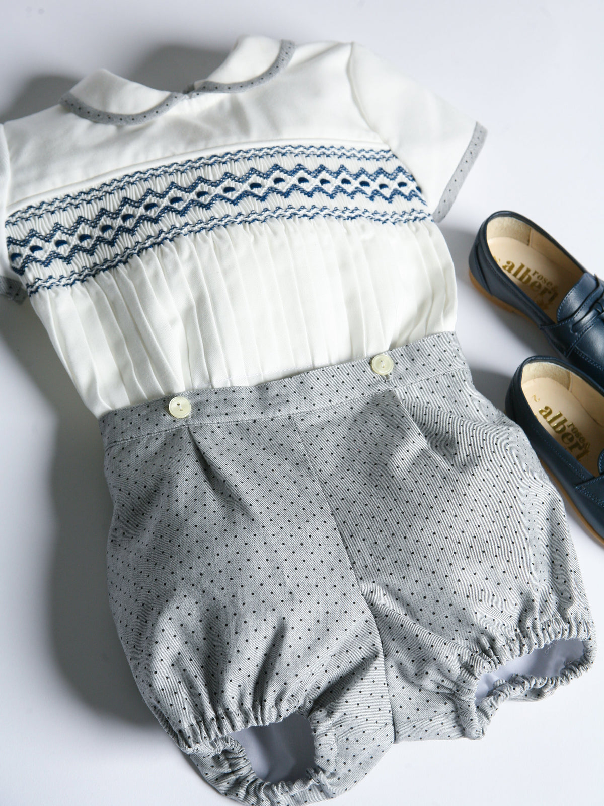 Artesanias Filita 'Tomas' Grey & Navy Smocked Short Set - Rose & Albert