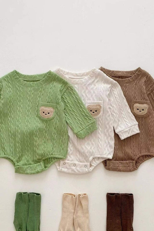 Autumn Bear Bodysuit, Green, White or Brown - Cozy Crew Club