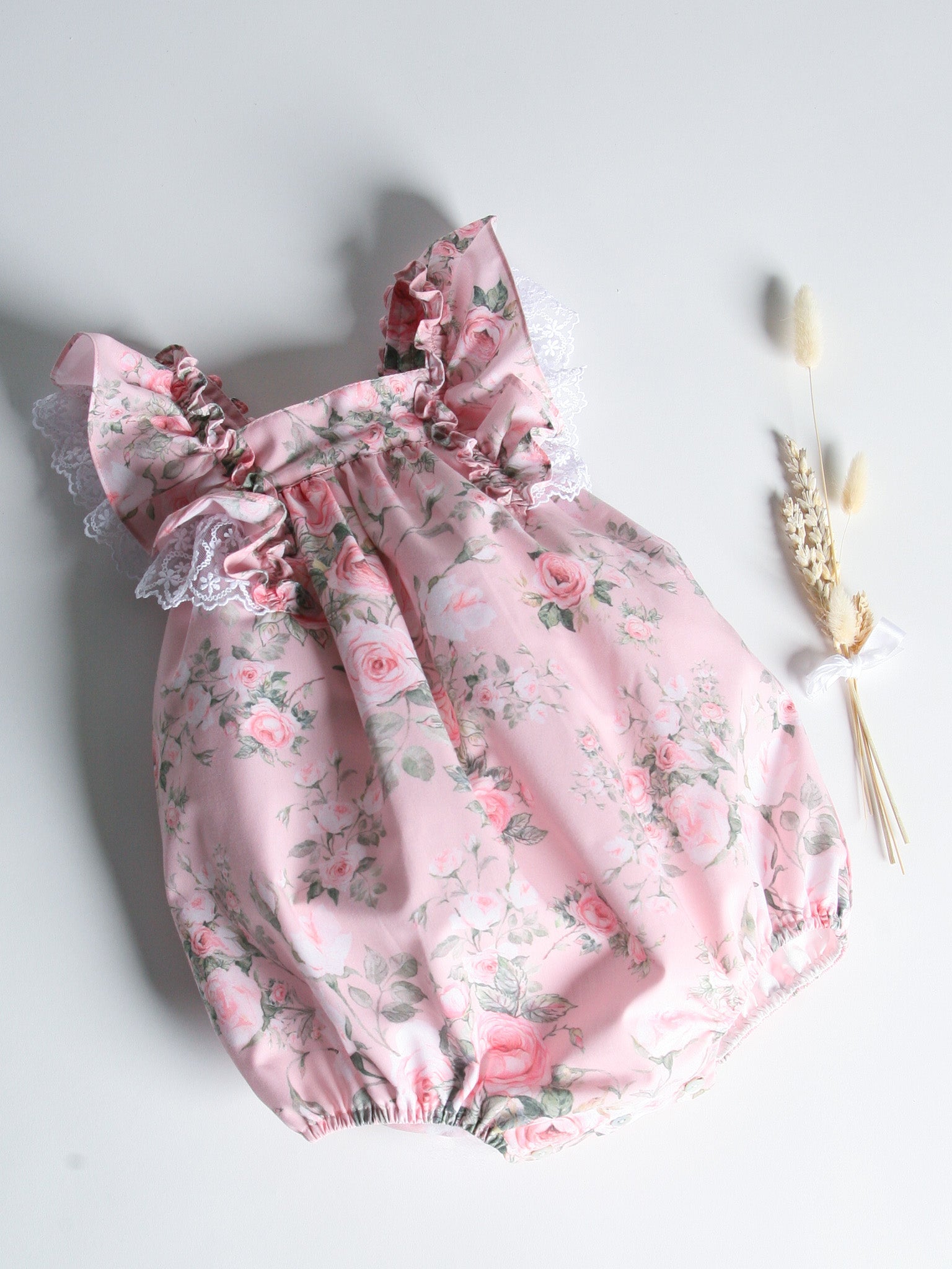'Penelope' pink floral print strappy romper with lace - Rose & Albert