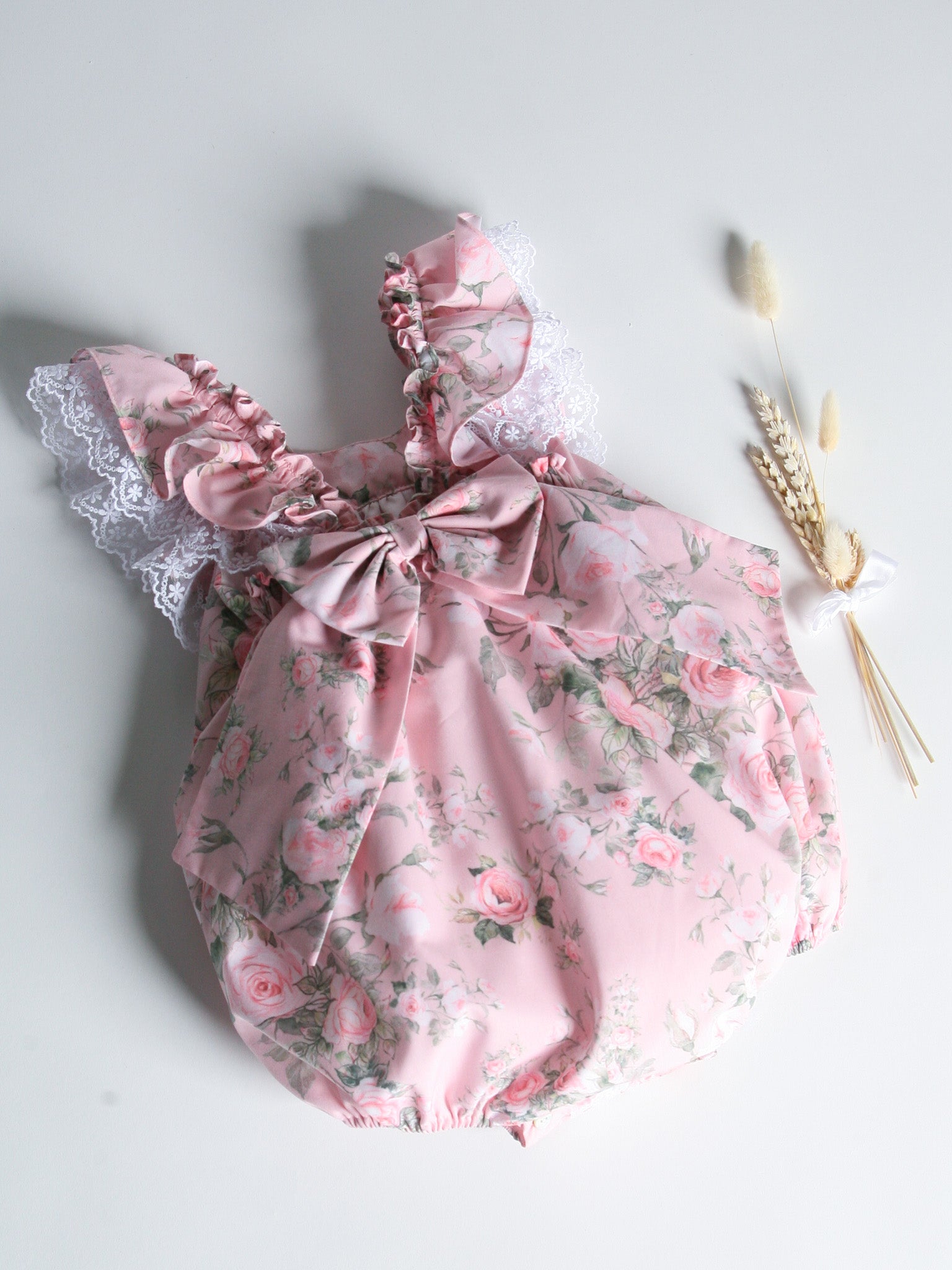 'Penelope' pink floral print strappy romper with lace - Rose & Albert