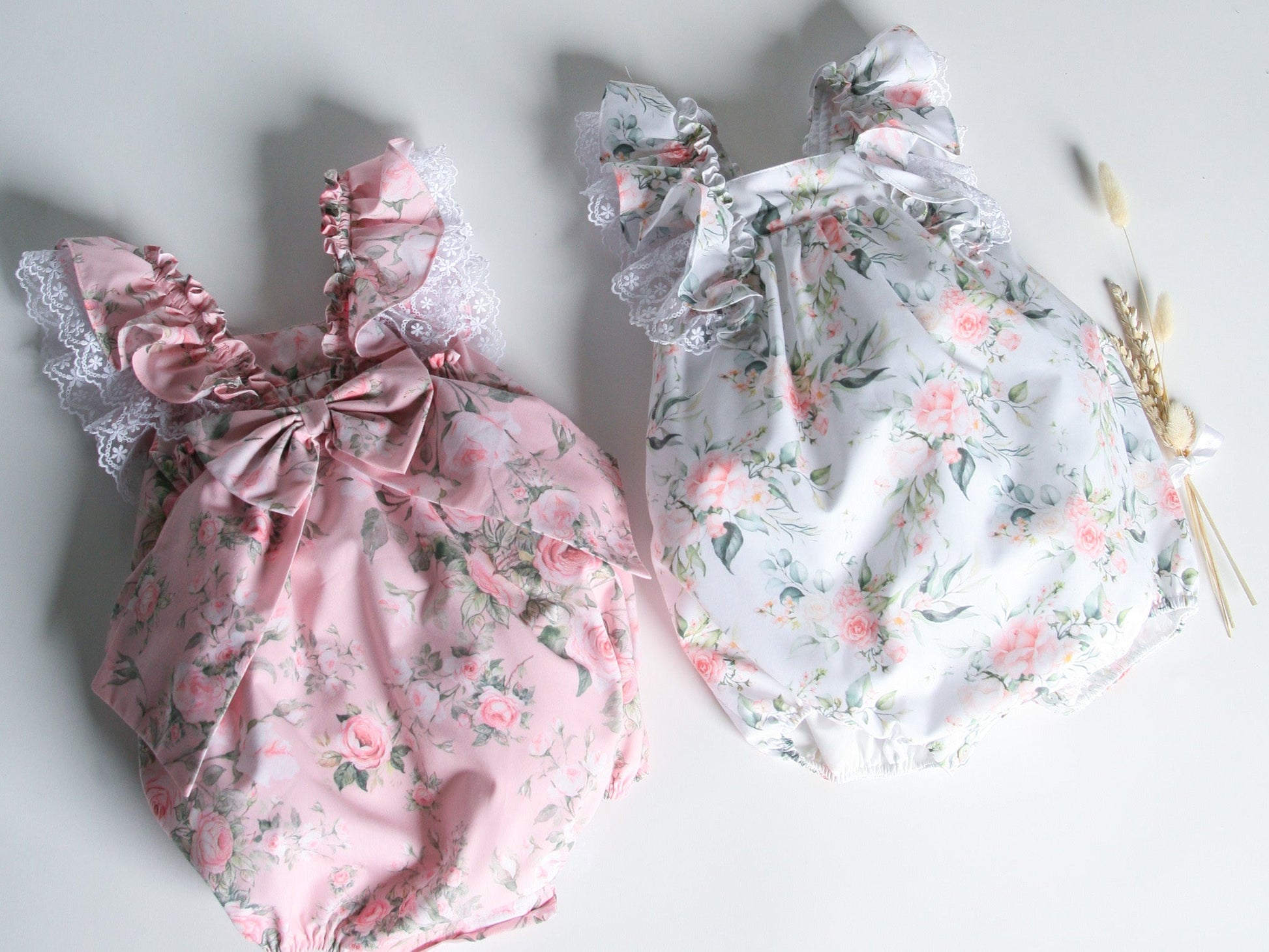 'Penelope' pink floral print strappy romper with lace - Rose & Albert