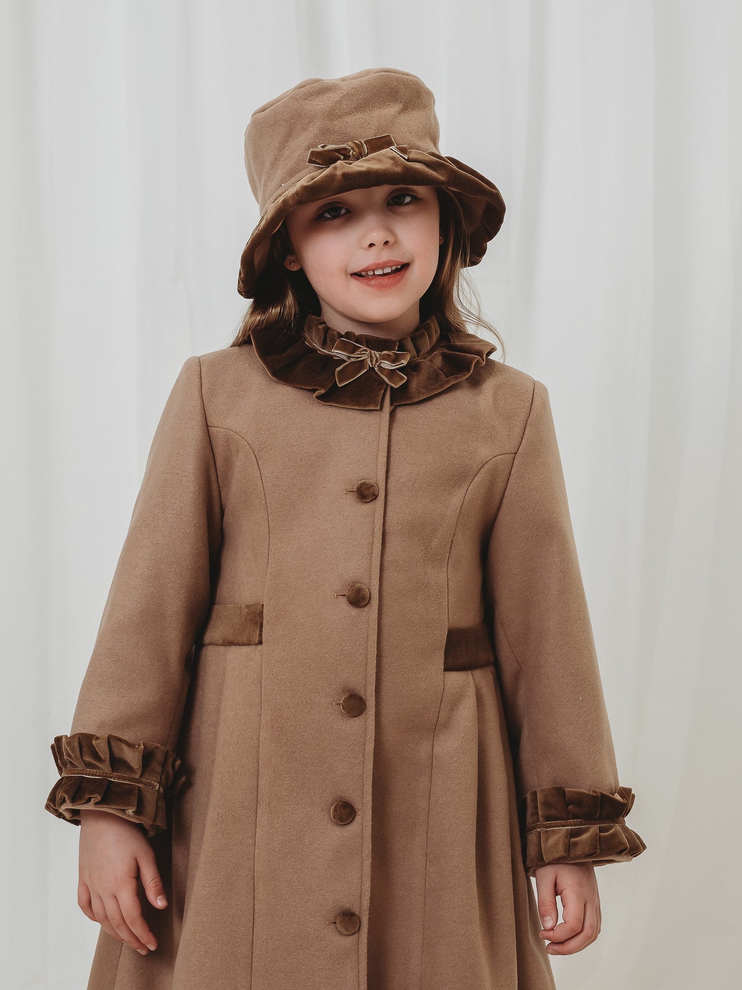 Sarah Louise Traditional velvet trimmed camel coat & hat - Rose & Albert