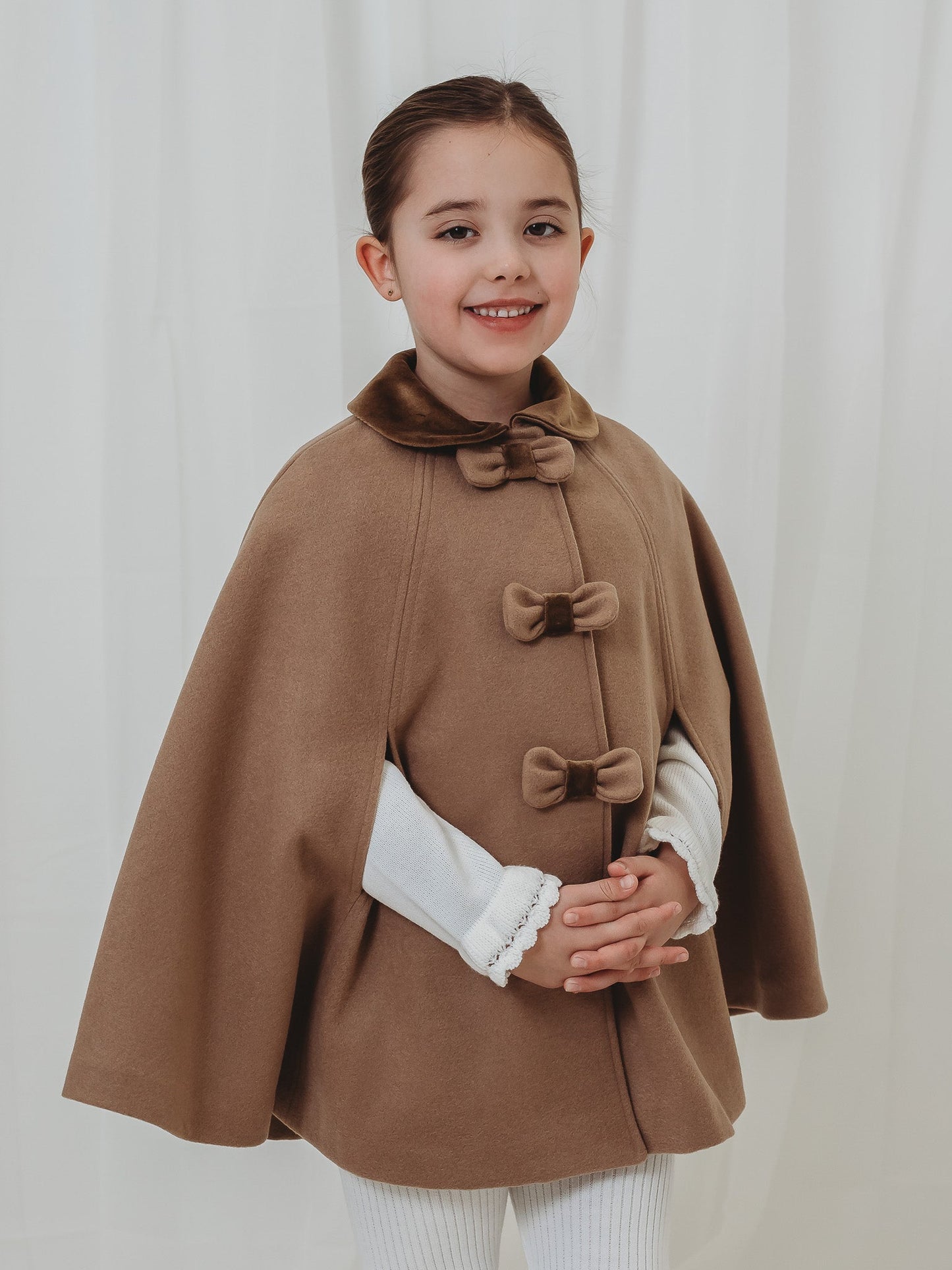 Sarah Louise Traditional Velvet Trimmed Camel Cape in Brown