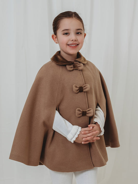 Sarah Louise Traditional Velvet Trimmed Camel Cape in Brown