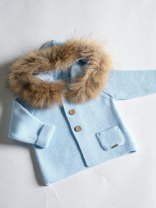 Rahigo baby blue knitted cardigan with fur hood - Rose & Albert